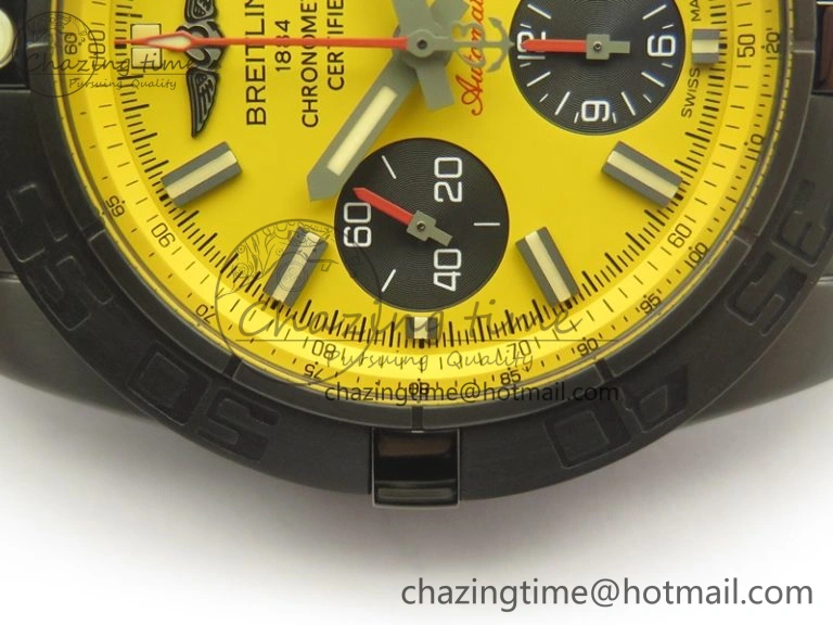 Chronomat 44mm Blacksteel GF 1:1 Special Edition Yellow Dial On Black Rubber Strap A7750