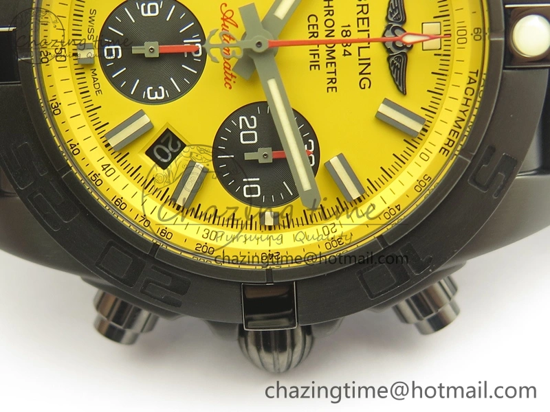 Chronomat 44mm Blacksteel GF 1:1 Special Edition Yellow Dial On Black Rubber Strap A7750