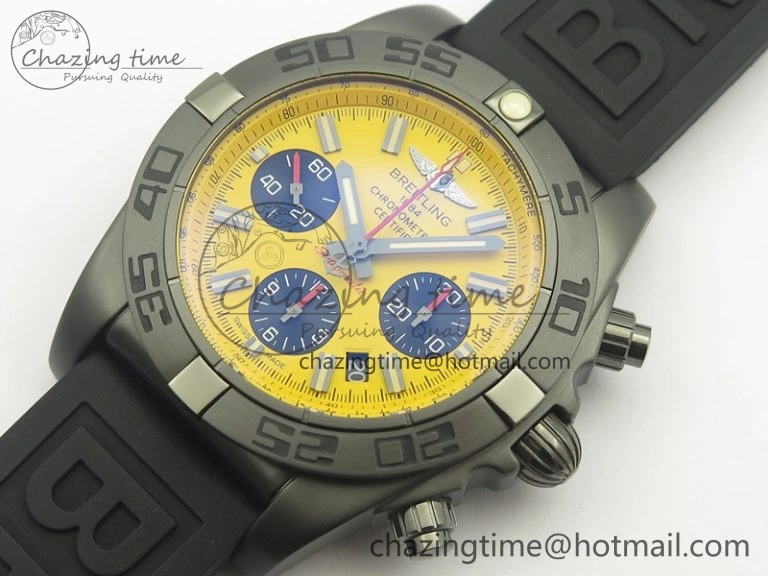 Chronomat 44mm Blacksteel GF 1:1 Special Edition Yellow Dial On Black Rubber Strap A7750