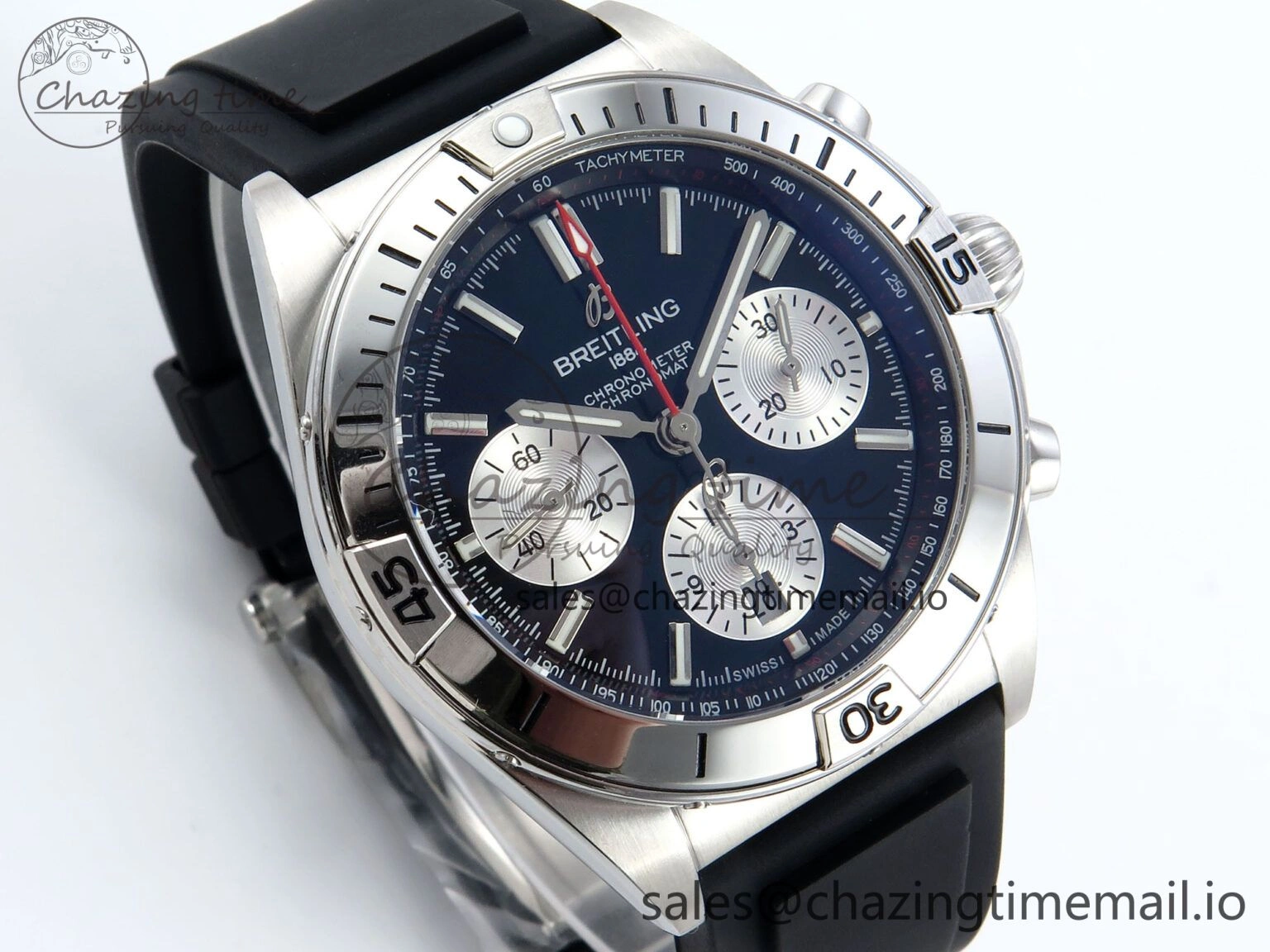 Chronomat B01 42mm SS TF 1:1 Best Edition Black Silver Dial on Black Rubber Strap A7750 V2