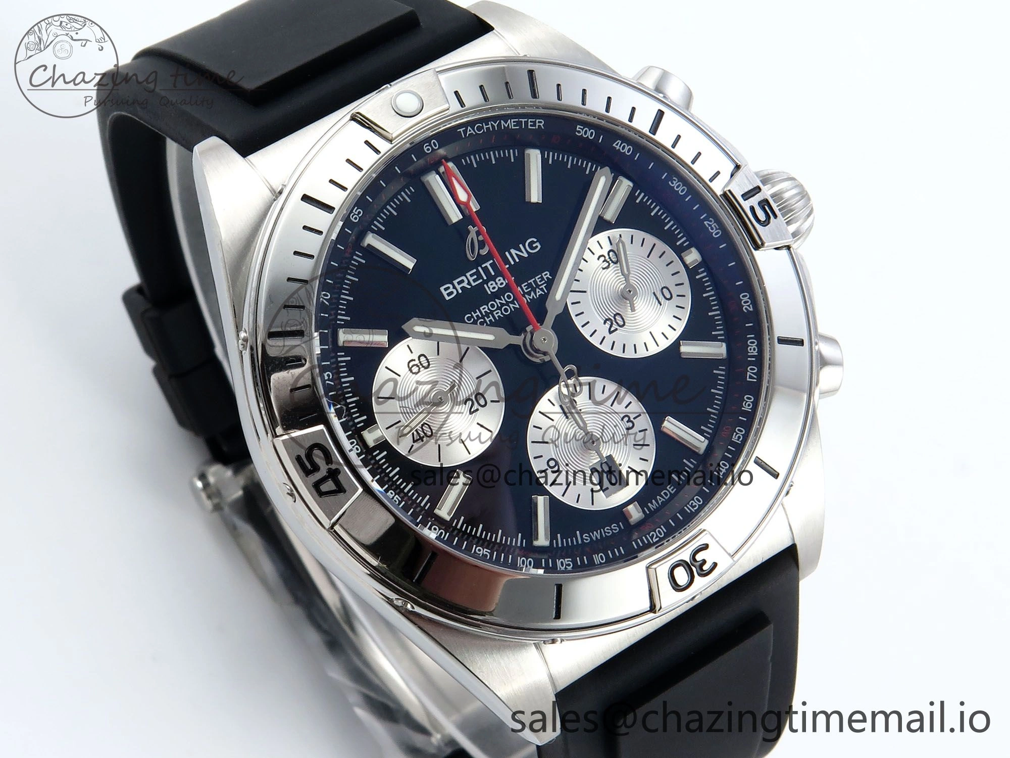 Chronomat B01 42mm SS TF 1:1 Best Edition Black Silver Dial on Black Rubber Strap A7750 V2