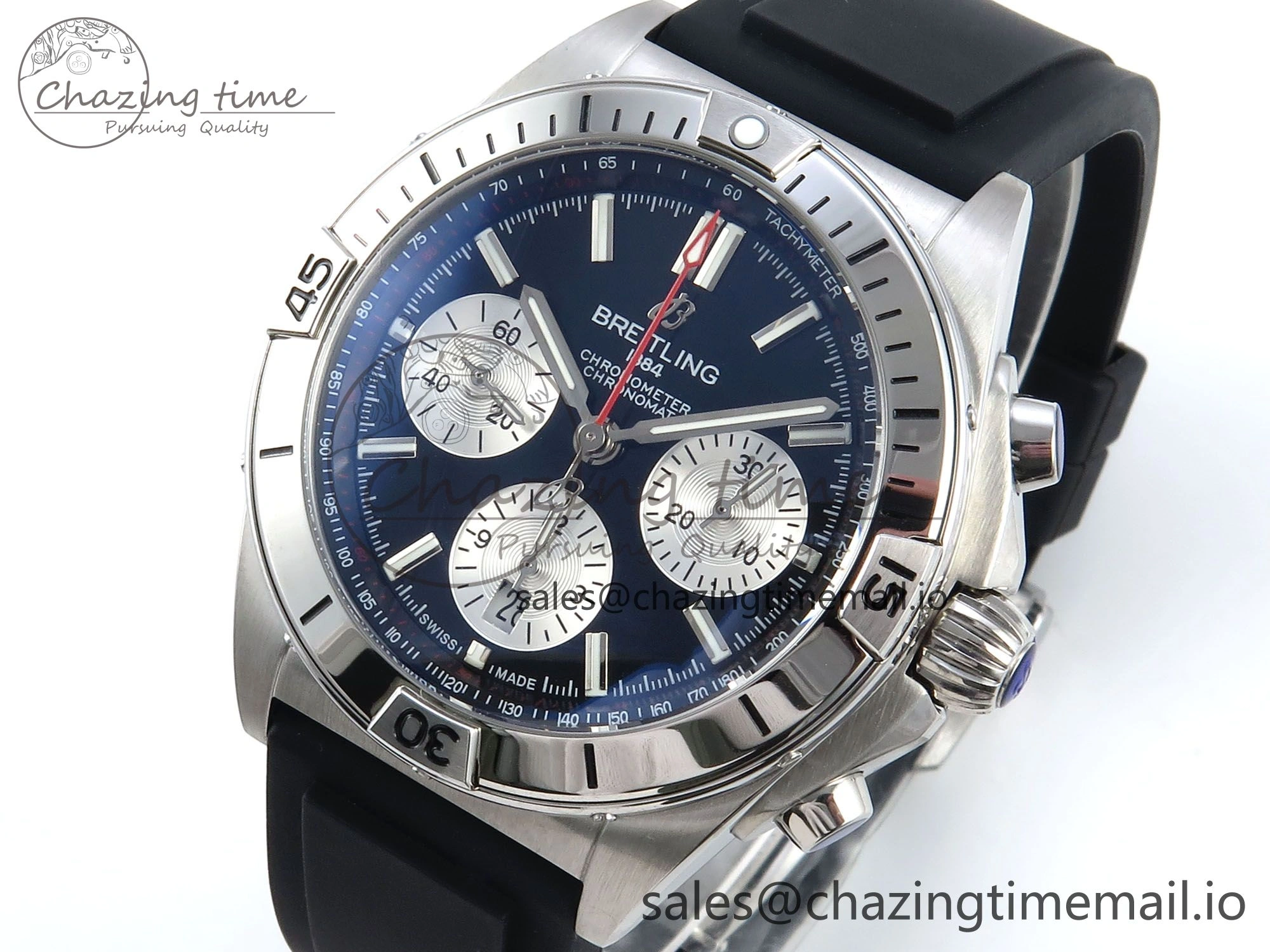 Chronomat B01 42mm SS TF 1:1 Best Edition Black Silver Dial on Black Rubber Strap A7750 V2