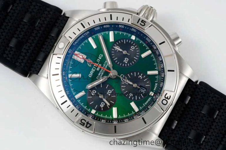 Chronomat B01 42mm SS TF 1:1 Best Edition Green Dial on Black Rubber Strap A7750