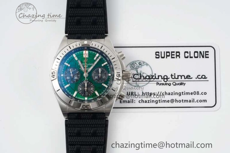 Chronomat B01 42mm SS TF 1:1 Best Edition Green Dial on Black Rubber Strap A7750