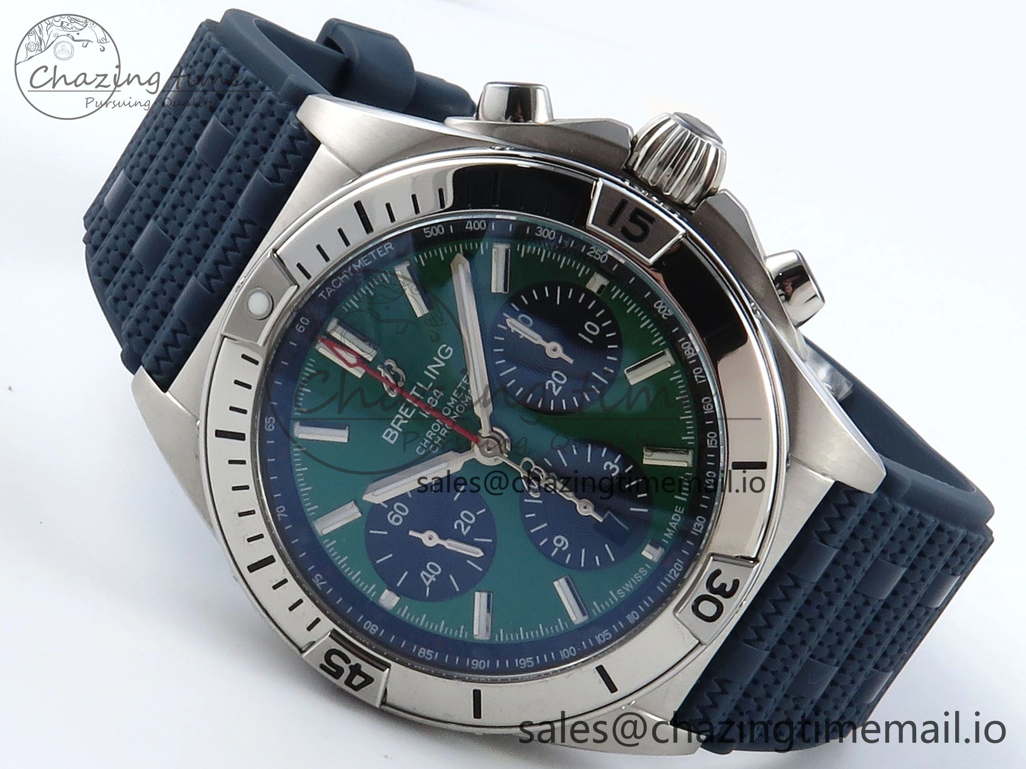 Chronomat B01 42mm SS TF 1:1 Best Edition Green Black Dial on Blue Rouleaux Strap A7750 V2