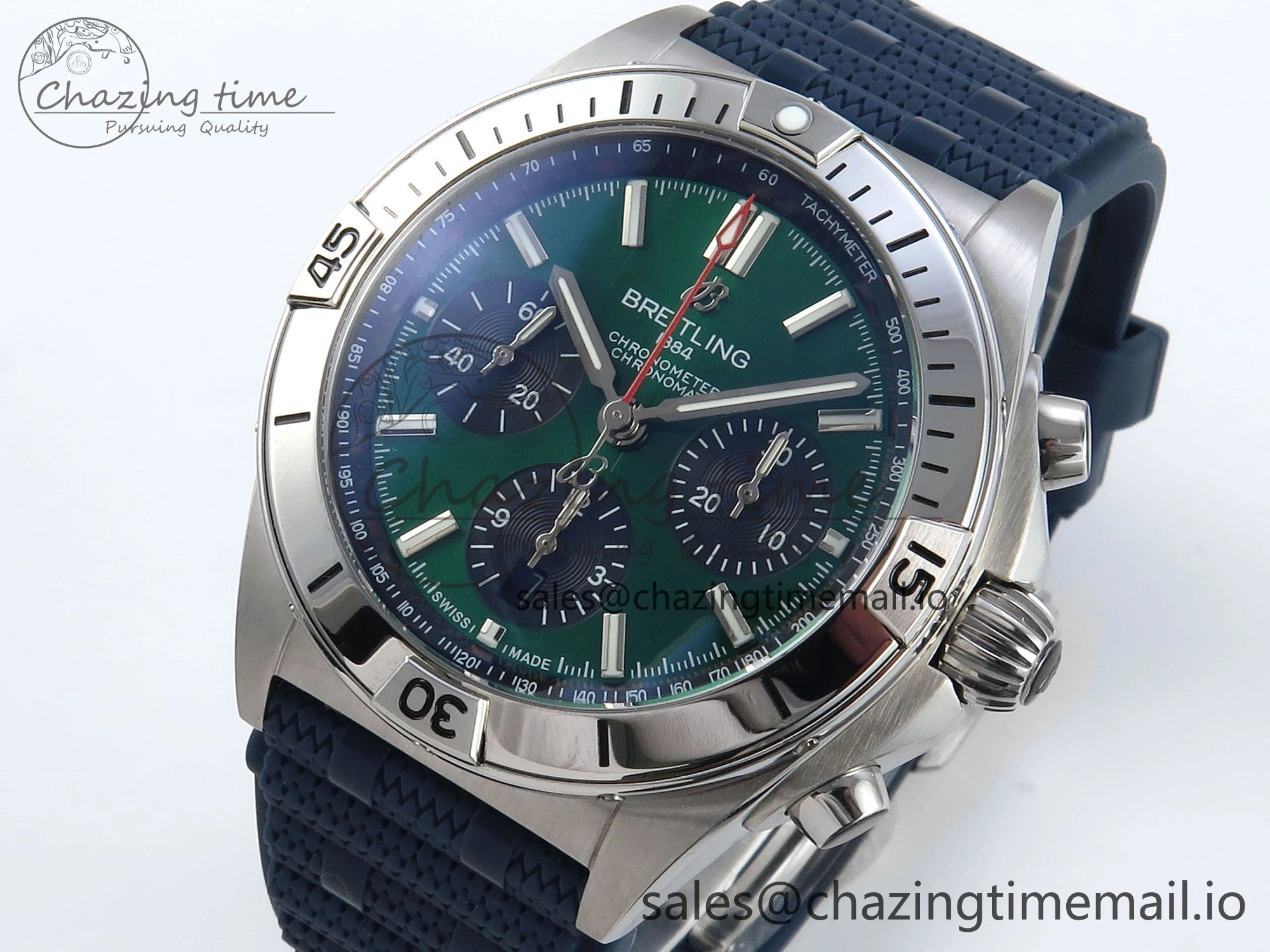 Chronomat B01 42mm SS TF 1:1 Best Edition Green Black Dial on Blue Rouleaux Strap A7750 V2