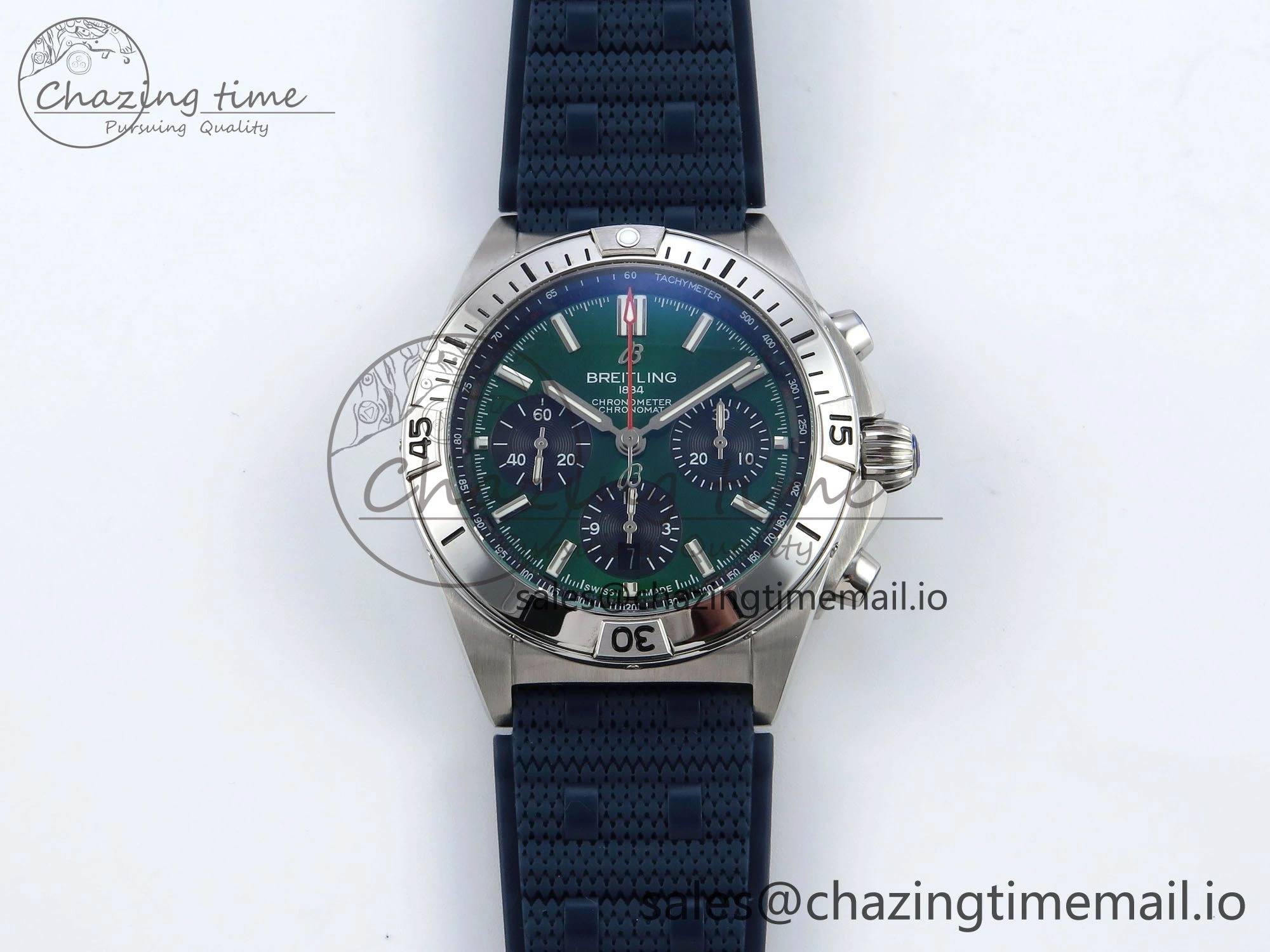 Chronomat B01 42mm SS TF 1:1 Best Edition Green Black Dial on Blue Rouleaux Strap A7750 V2