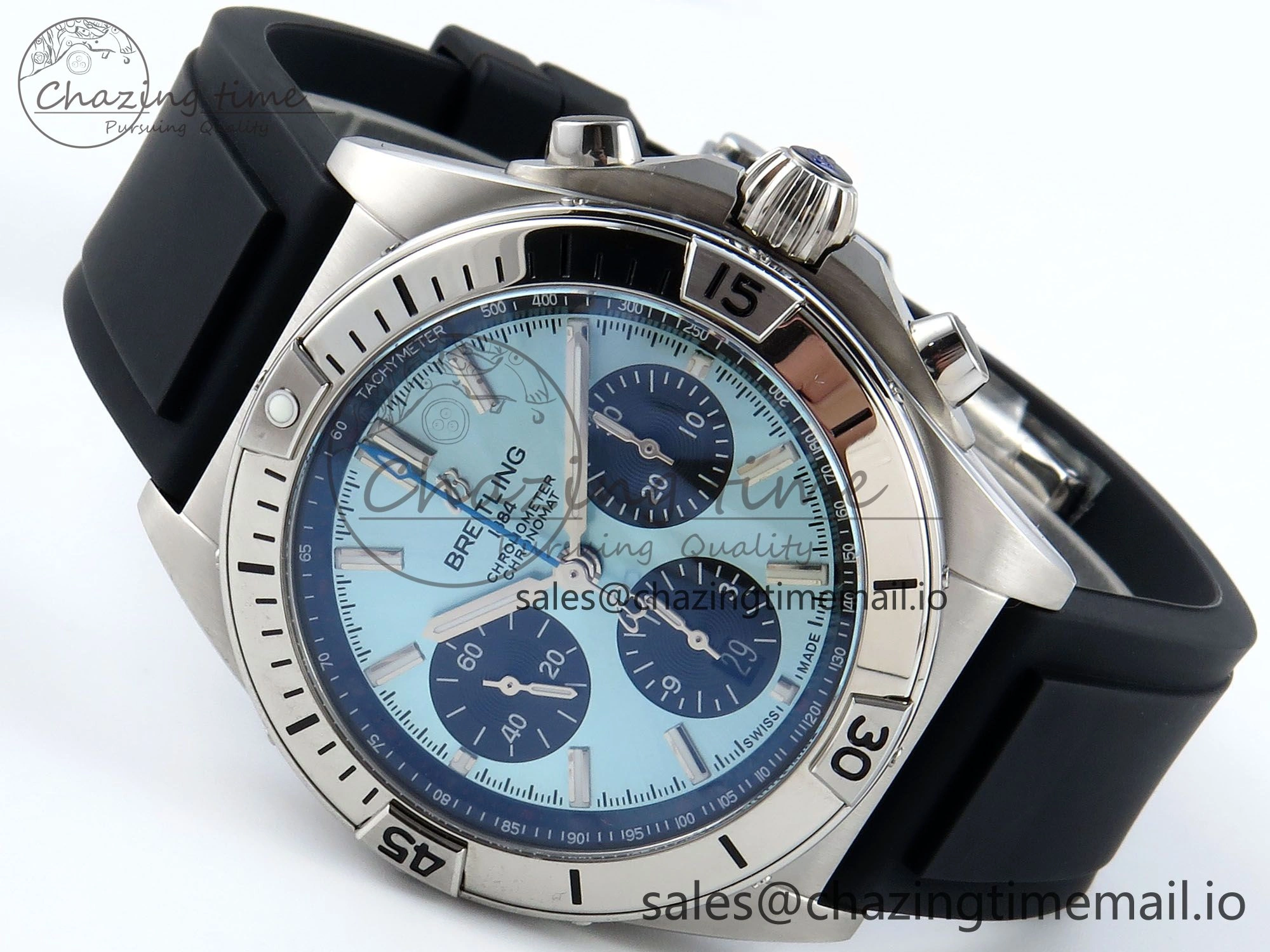 Chronomat B01 42mm SS TF 1:1 Best Edition Ice Blue Dial on Black Rubber Strap A7750 V2