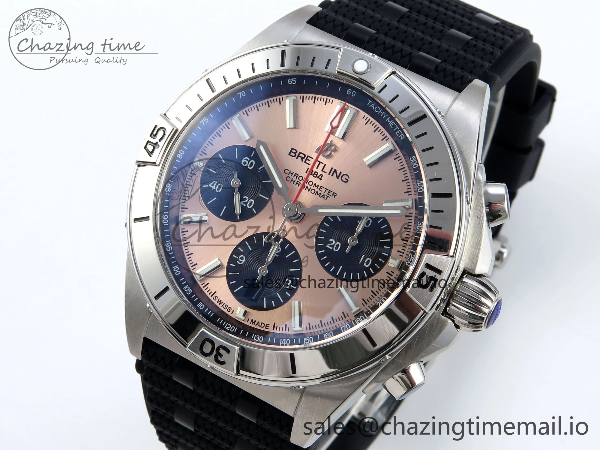 Chronomat B01 42mm SS TF 1:1 Best Edition RG Black Dial on Black Rouleaux Strap A7750 V2