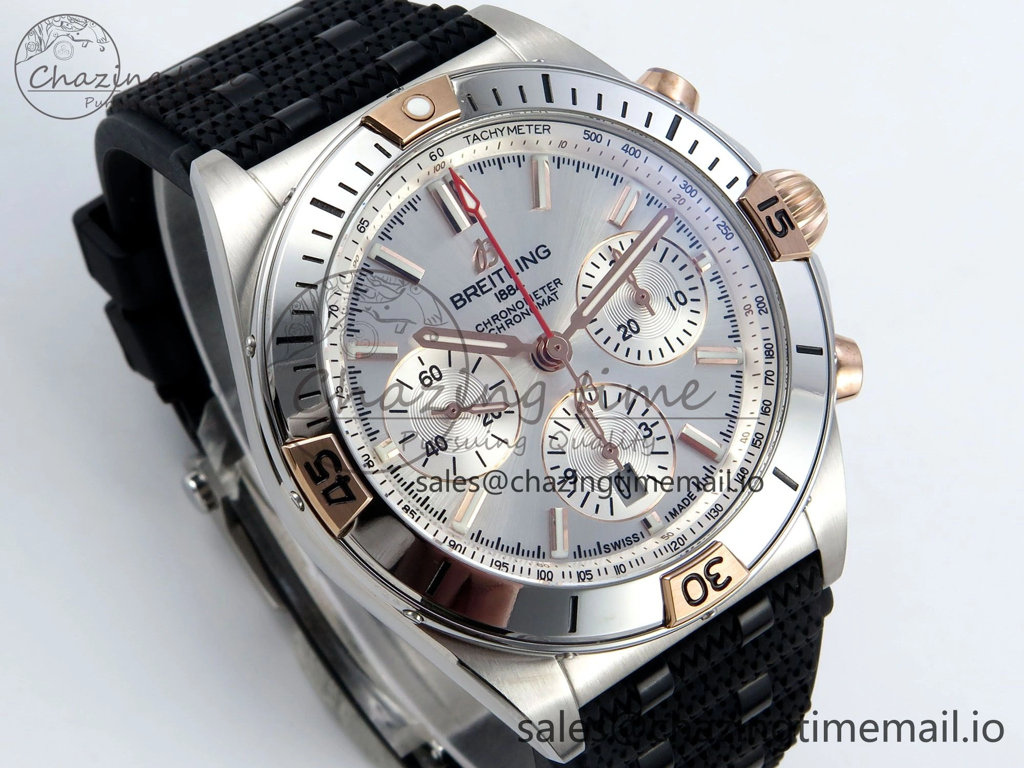 Chronomat B01 42mm SS TF 1:1 Best Edition Silver Dial on Black Rouleaux Strap A7750 V2