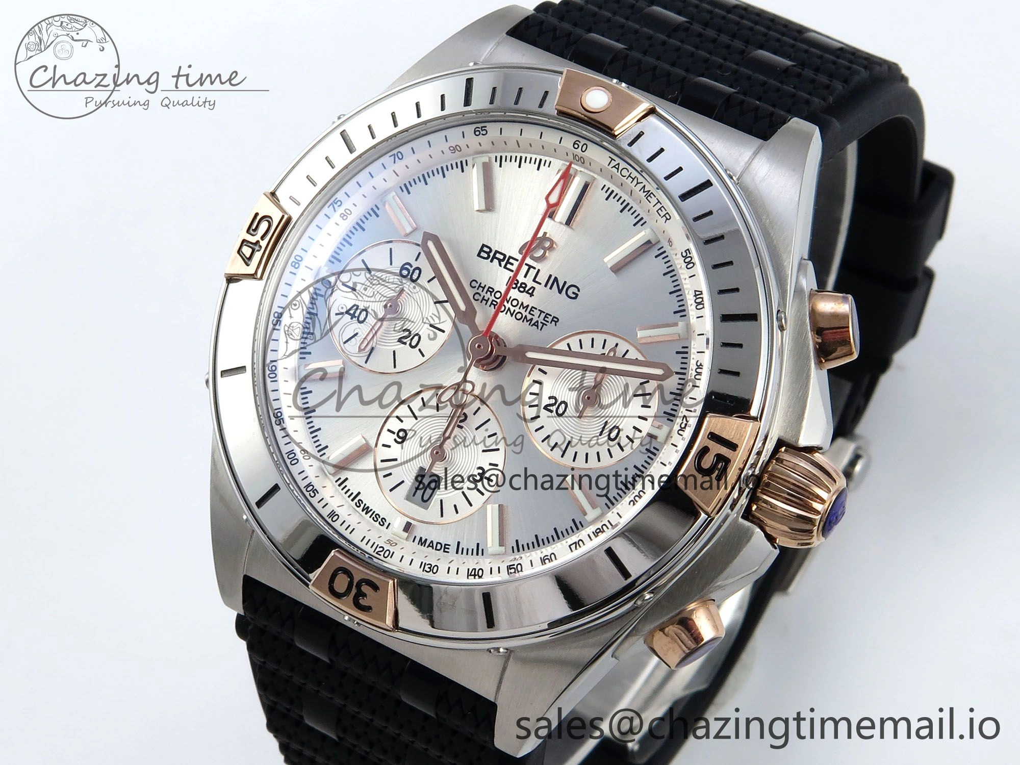 Chronomat B01 42mm SS TF 1:1 Best Edition Silver Dial on Black Rouleaux Strap A7750 V2