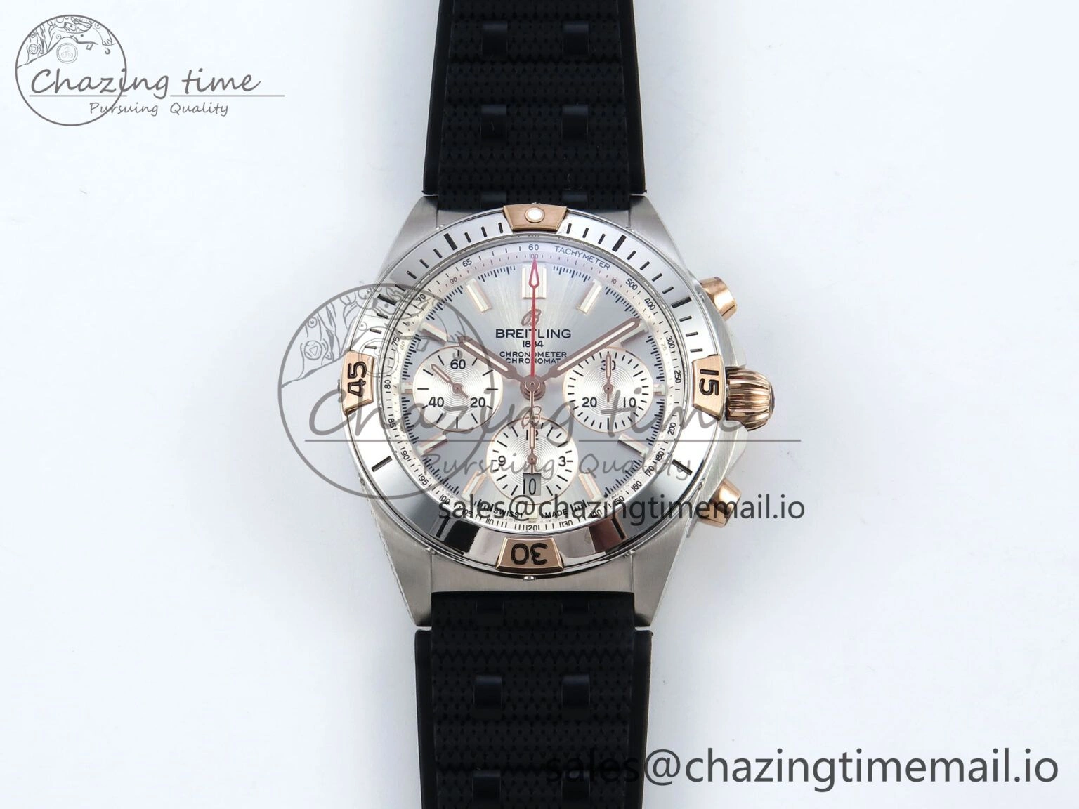 Chronomat B01 42mm SS TF 1:1 Best Edition Silver Dial on Black Rouleaux Strap A7750 V2
