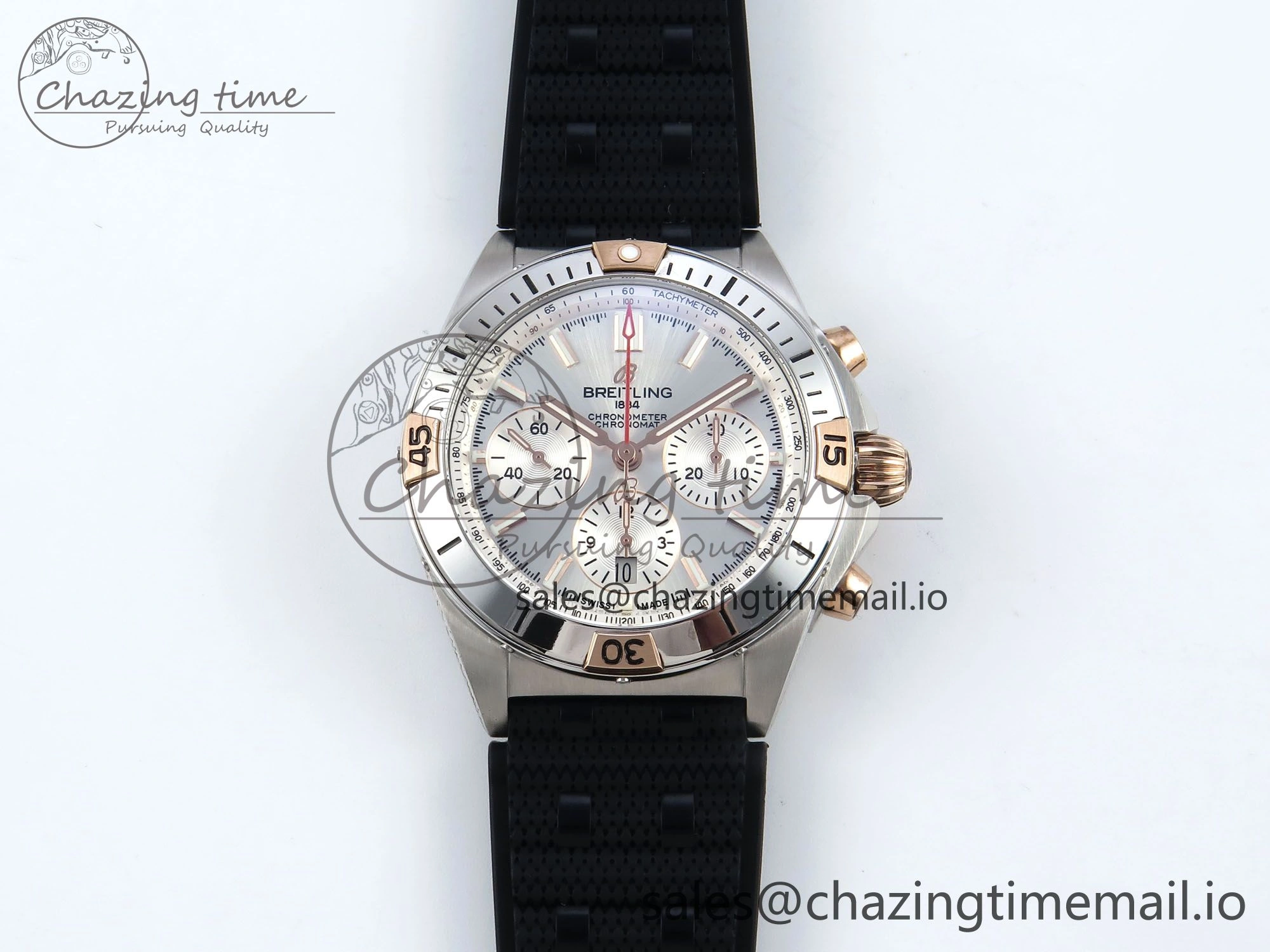 Chronomat B01 42mm SS TF 1:1 Best Edition Silver Dial on Black Rouleaux Strap A7750 V2