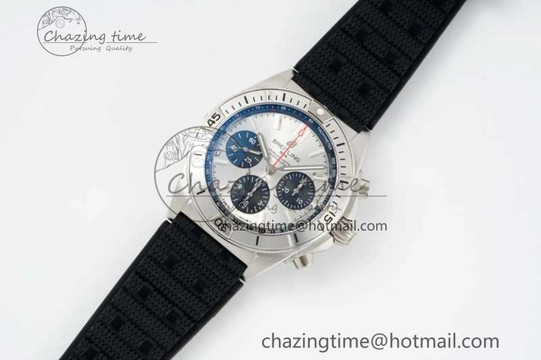 Chronomat B01 42mm SS TF 1:1 Best Edition Silver Dial on Black Rubber Strap A7750