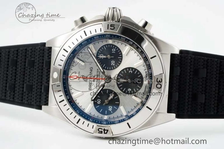 Chronomat B01 42mm SS TF 1:1 Best Edition Silver Dial on Black Rubber Strap A7750