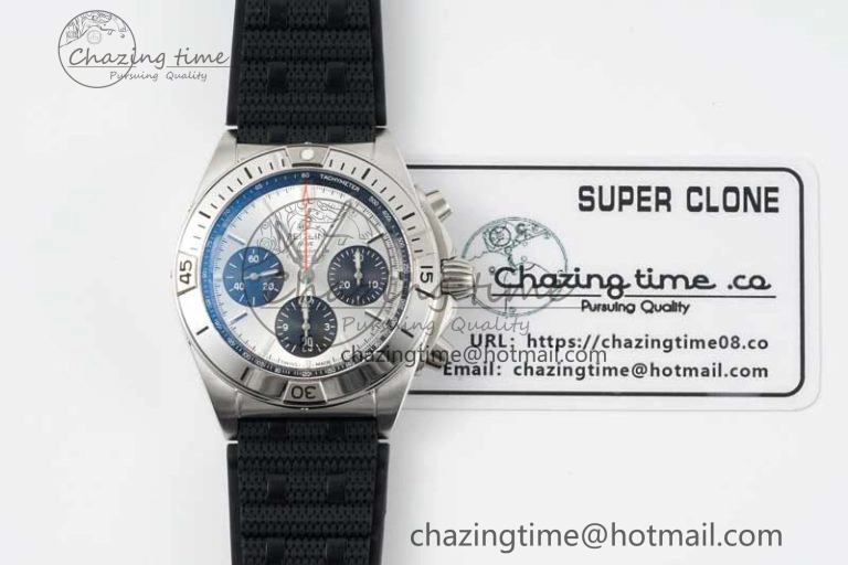 Chronomat B01 42mm SS TF 1:1 Best Edition Silver Dial on Black Rubber Strap A7750