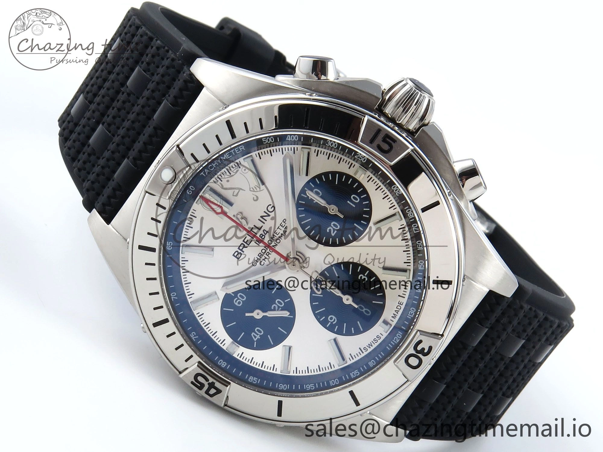 Chronomat B01 42mm SS TF 1:1 Best Edition Silver Black Dial on Black Rouleaux Strap A7750 V2