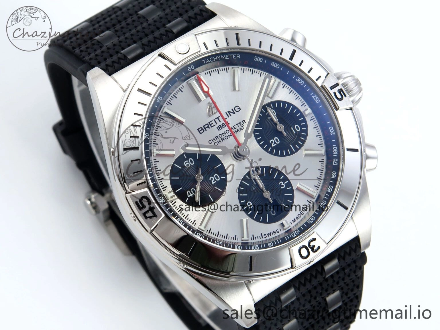 Chronomat B01 42mm SS TF 1:1 Best Edition Silver Black Dial on Black Rouleaux Strap A7750 V2