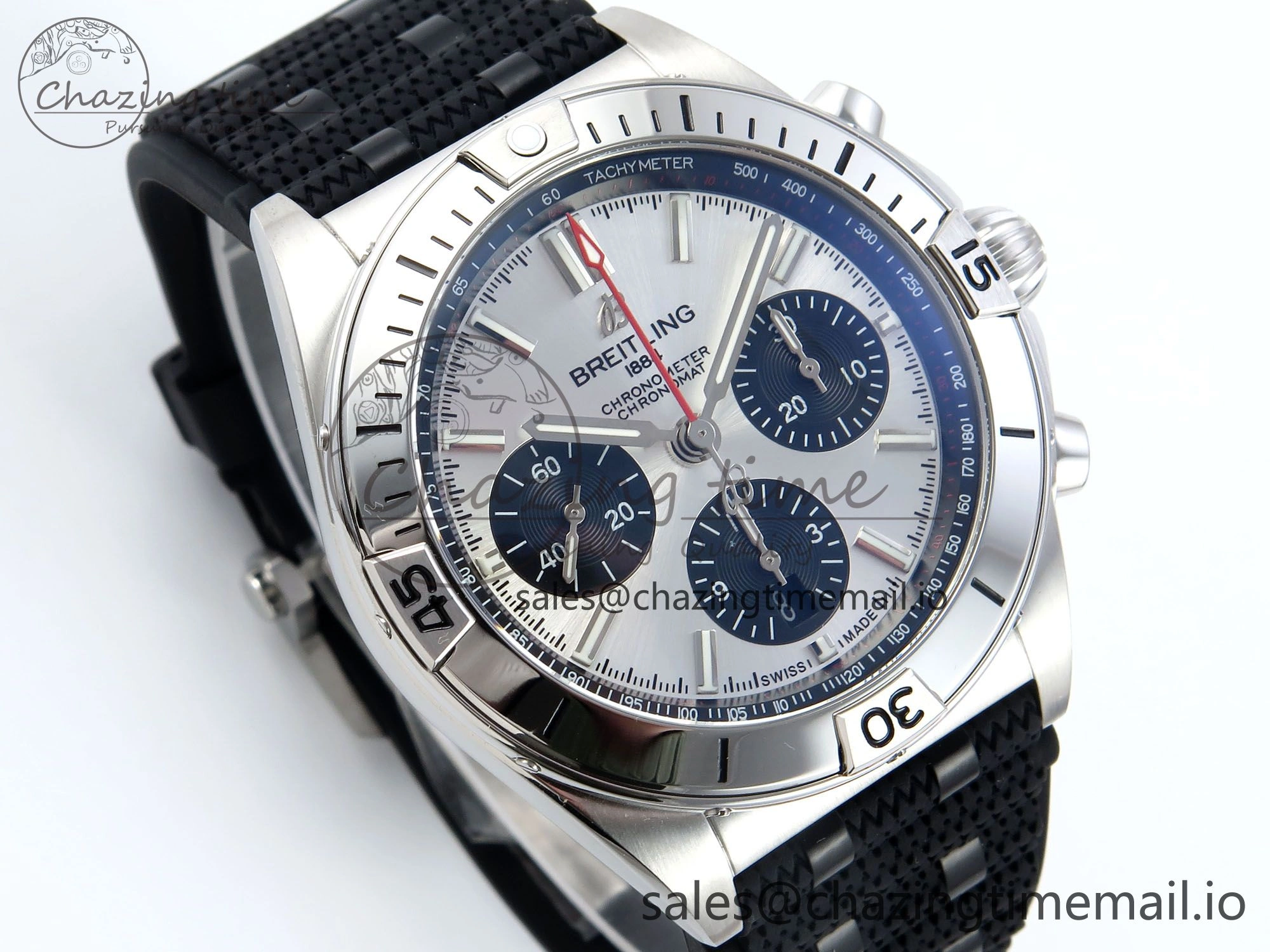 Chronomat B01 42mm SS TF 1:1 Best Edition Silver Black Dial on Black Rouleaux Strap A7750 V2