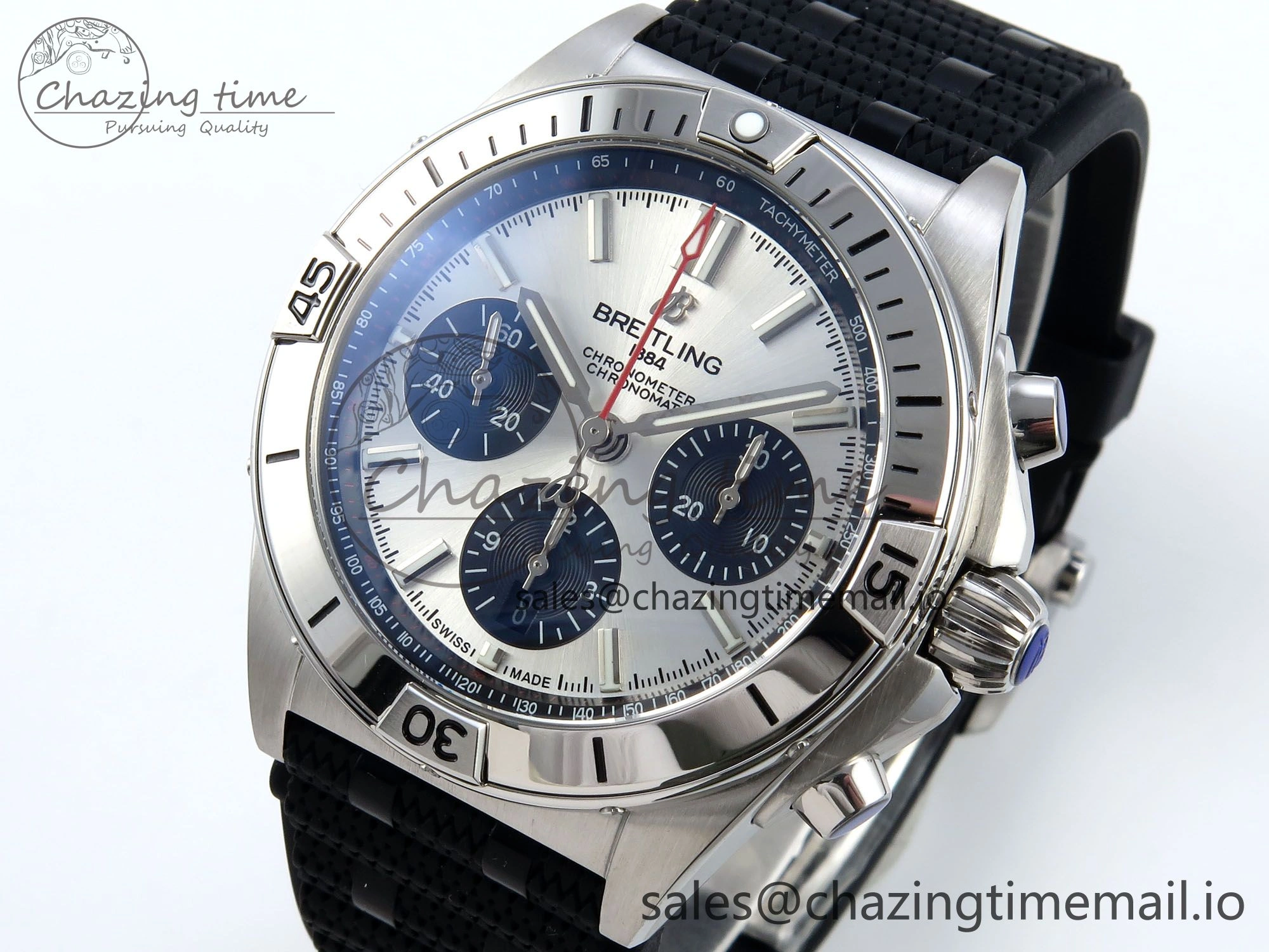 Chronomat B01 42mm SS TF 1:1 Best Edition Silver Black Dial on Black Rouleaux Strap A7750 V2
