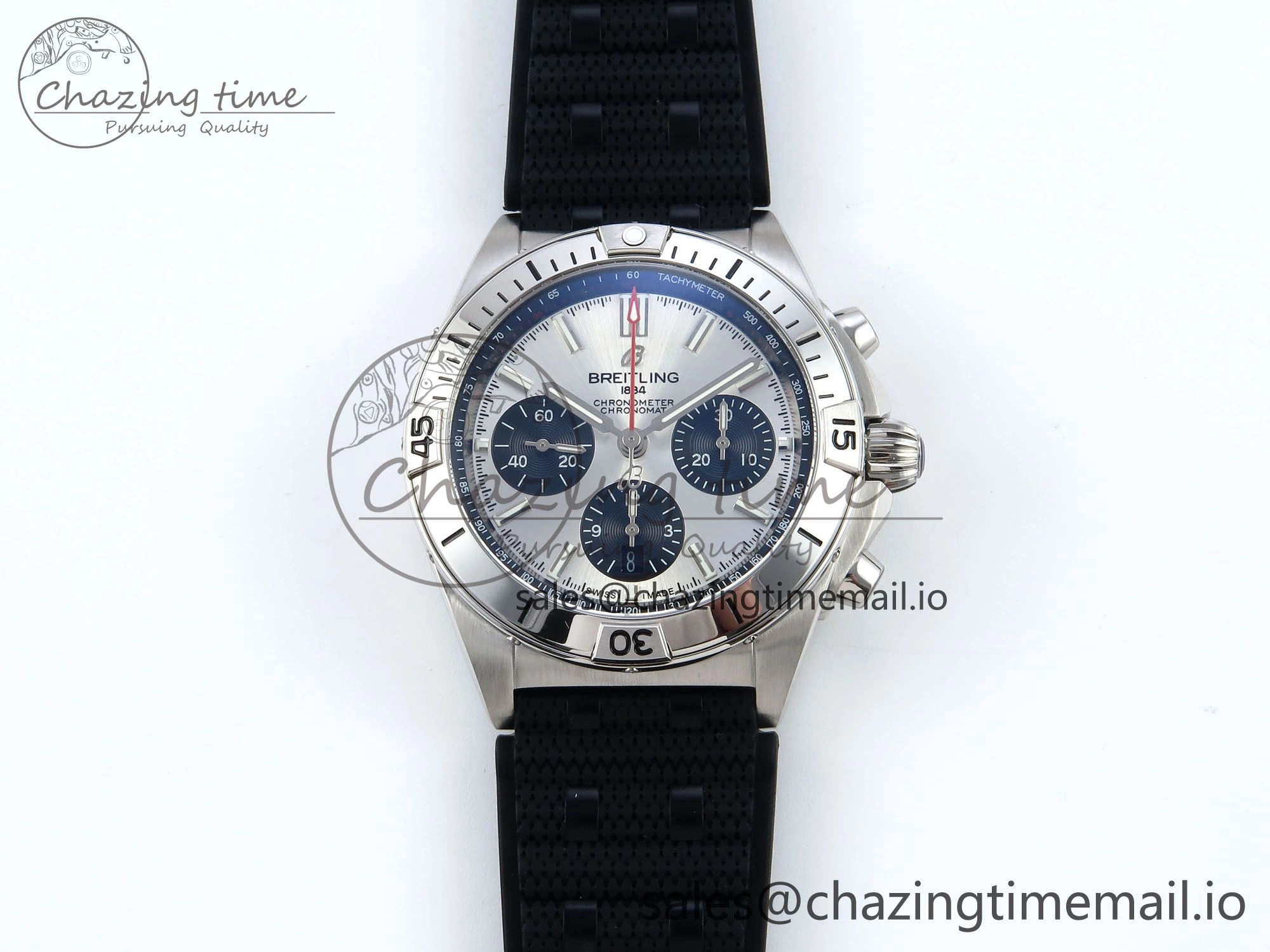 Chronomat B01 42mm SS TF 1:1 Best Edition Silver Black Dial on Black Rouleaux Strap A7750 V2
