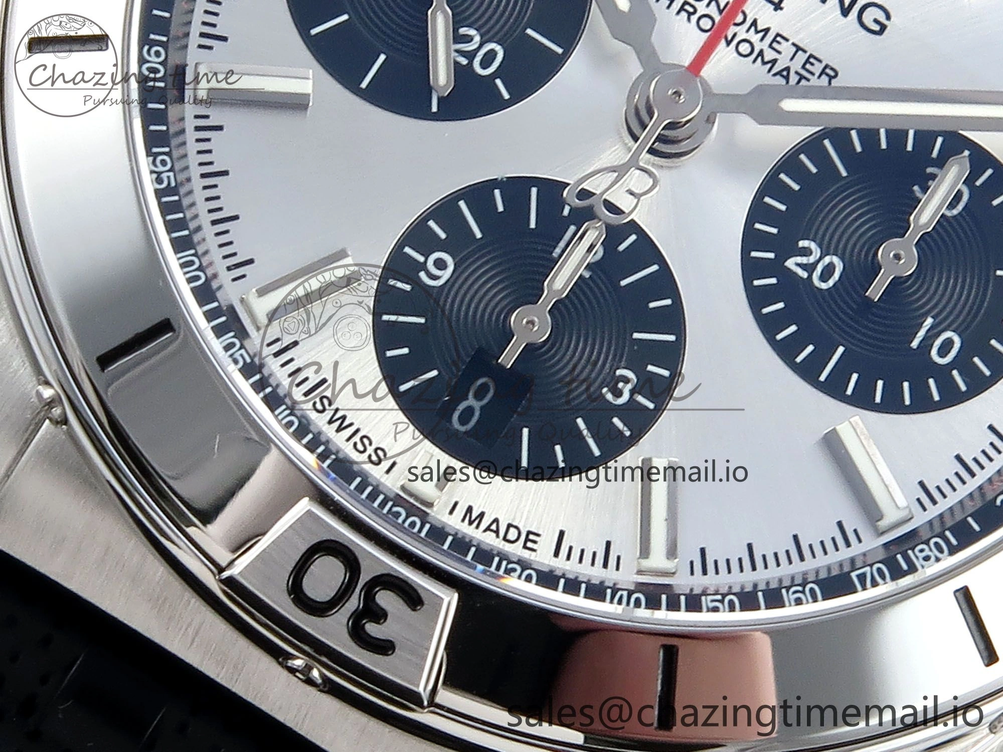 Chronomat B01 42mm SS TF 1:1 Best Edition Silver Black Dial on Black Rouleaux Strap A7750 V2