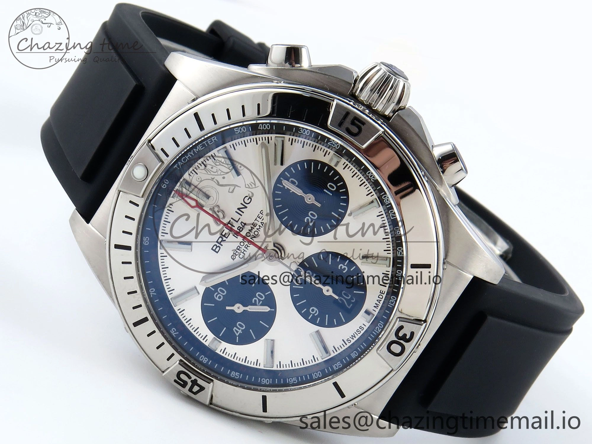 Chronomat B01 42mm SS TF 1:1 Best Edition Silver Black Dial on Black Rubber Strap A7750 V2