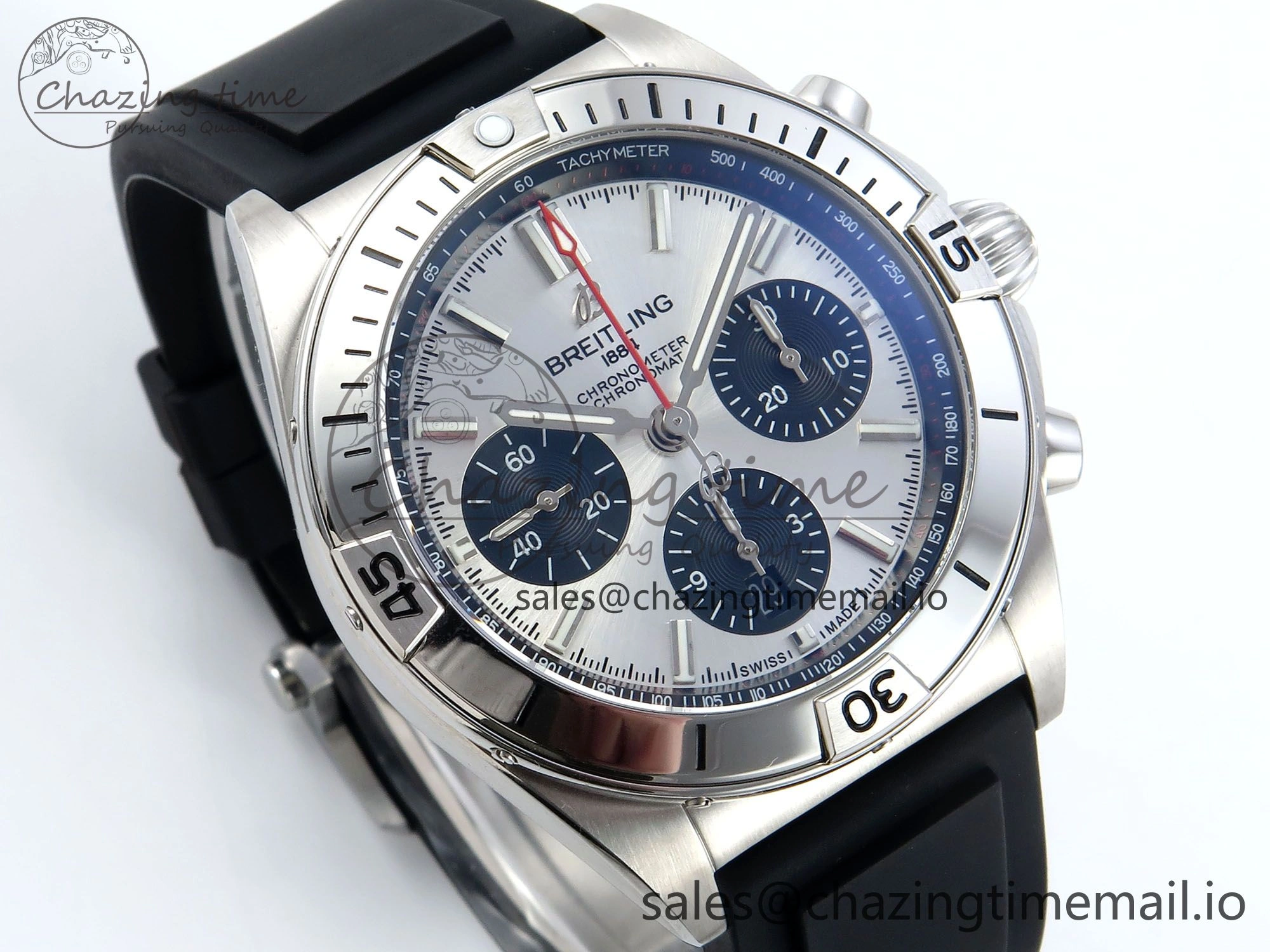 Chronomat B01 42mm SS TF 1:1 Best Edition Silver Black Dial on Black Rubber Strap A7750 V2