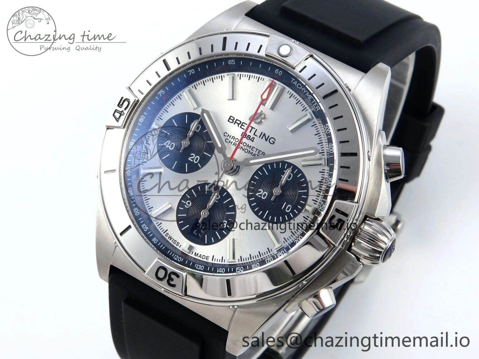 Chronomat B01 42mm SS TF 1:1 Best Edition Silver Black Dial on Black Rubber Strap A7750 V2