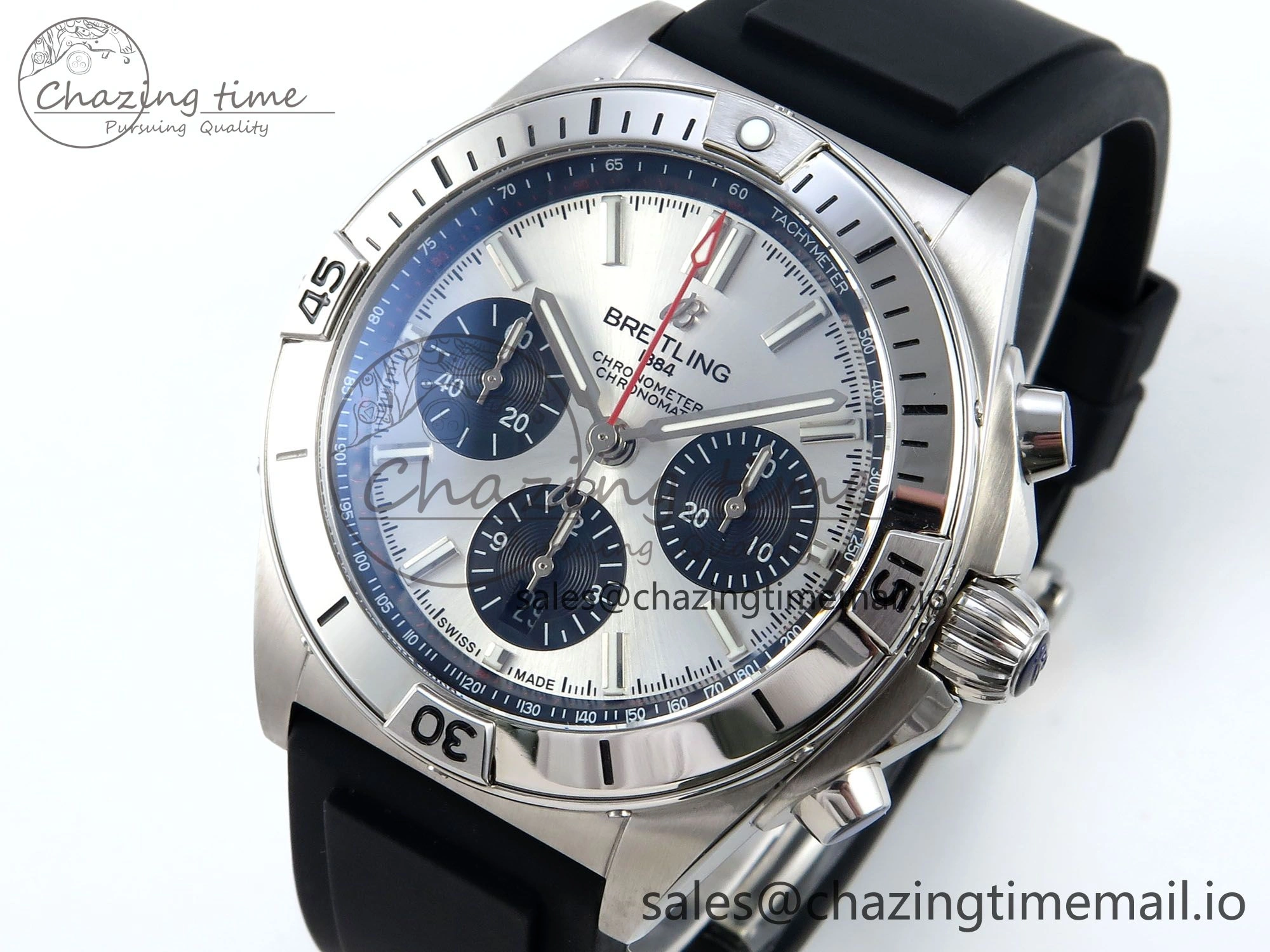 Chronomat B01 42mm SS TF 1:1 Best Edition Silver Black Dial on Black Rubber Strap A7750 V2