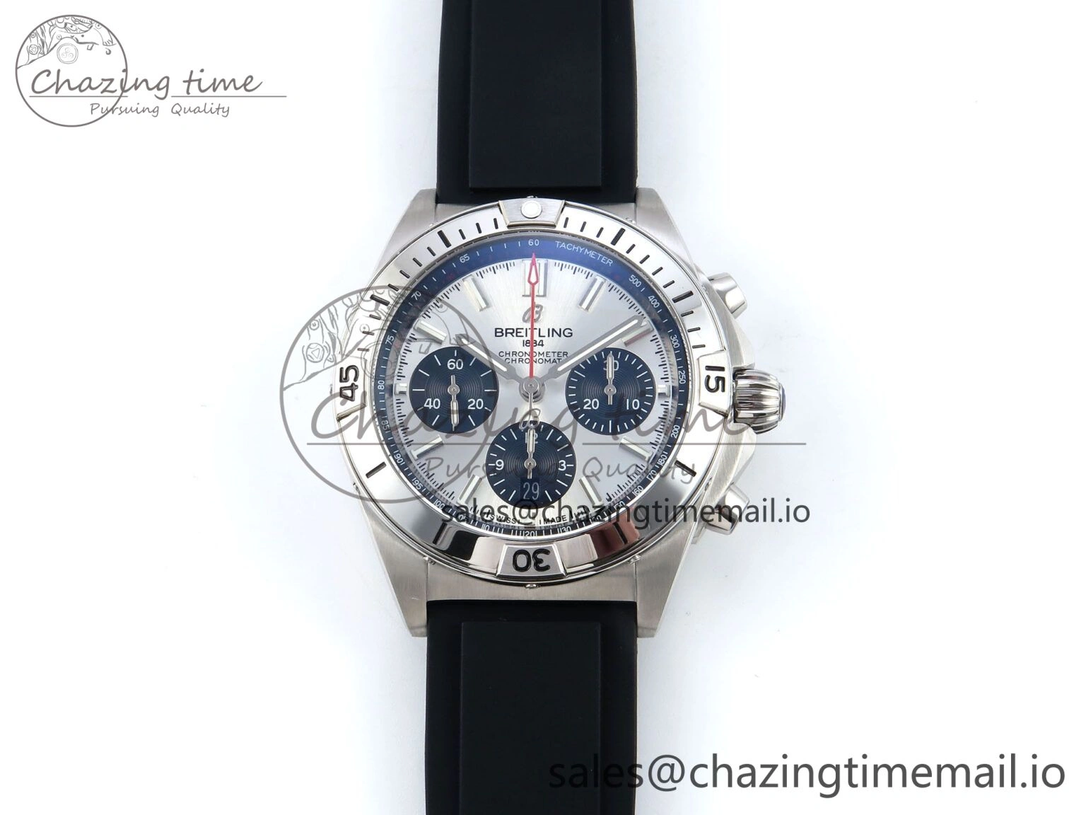 Chronomat B01 42mm SS TF 1:1 Best Edition Silver Black Dial on Black Rubber Strap A7750 V2