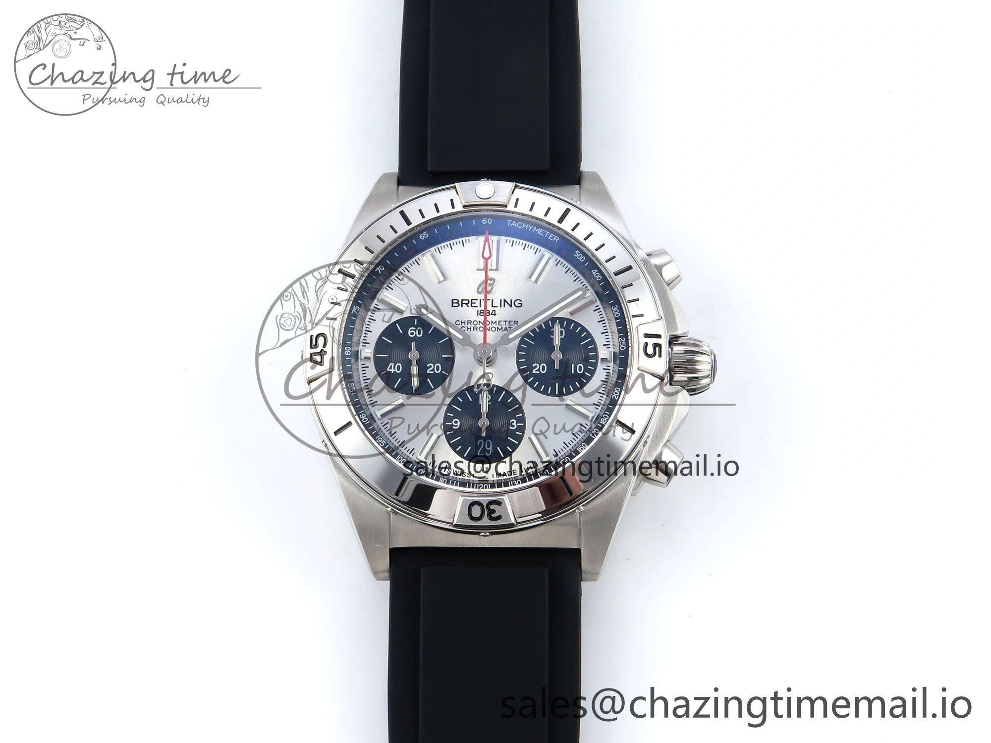 Chronomat B01 42mm SS TF 1:1 Best Edition Silver Black Dial on Black Rubber Strap A7750 V2