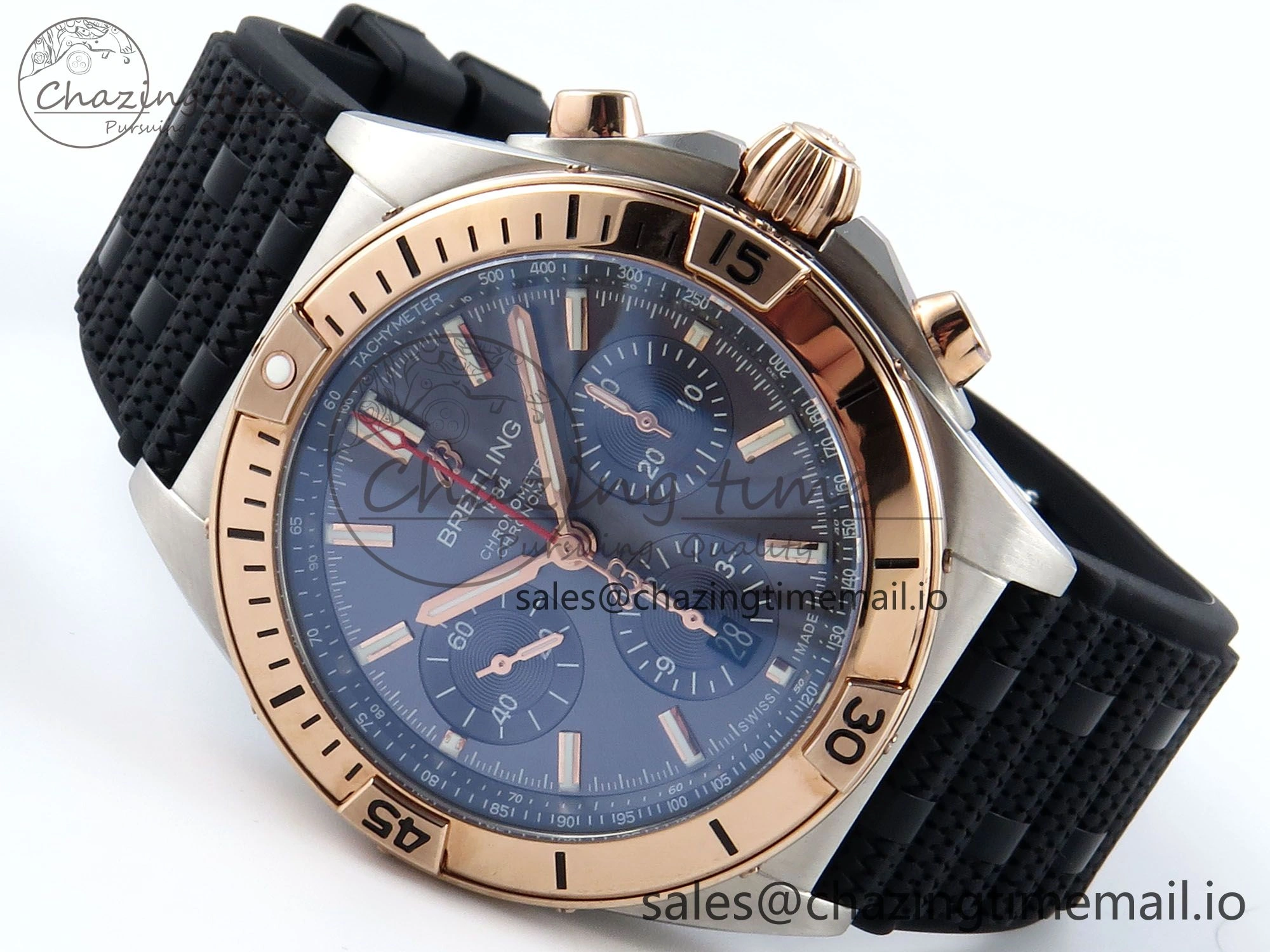 Chronomat B01 42mm SS RG TF 1:1 Best Edition Blue Dial on Black Rouleaux Strap A7750 V2