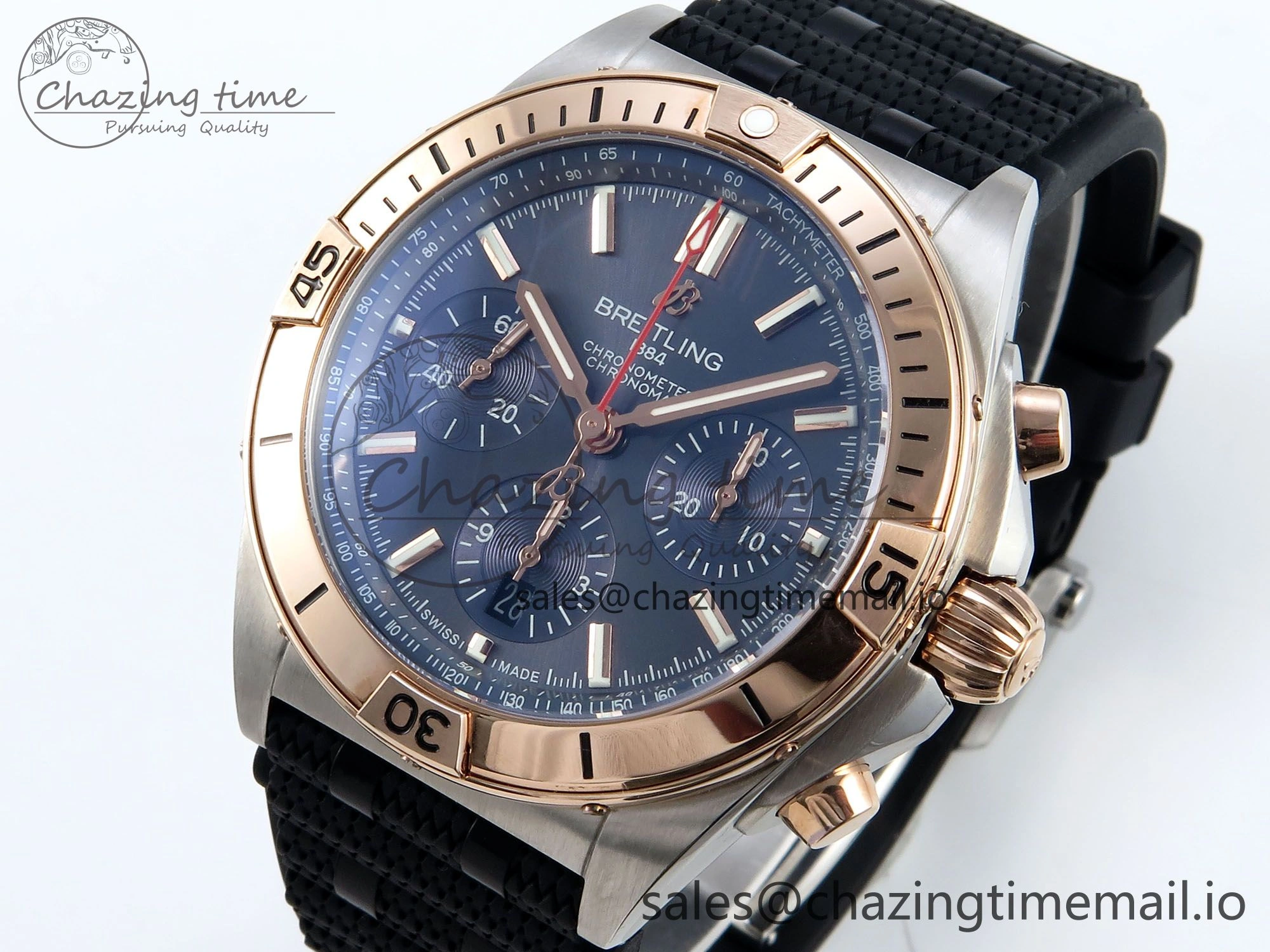 Chronomat B01 42mm SS RG TF 1:1 Best Edition Blue Dial on Black Rouleaux Strap A7750 V2