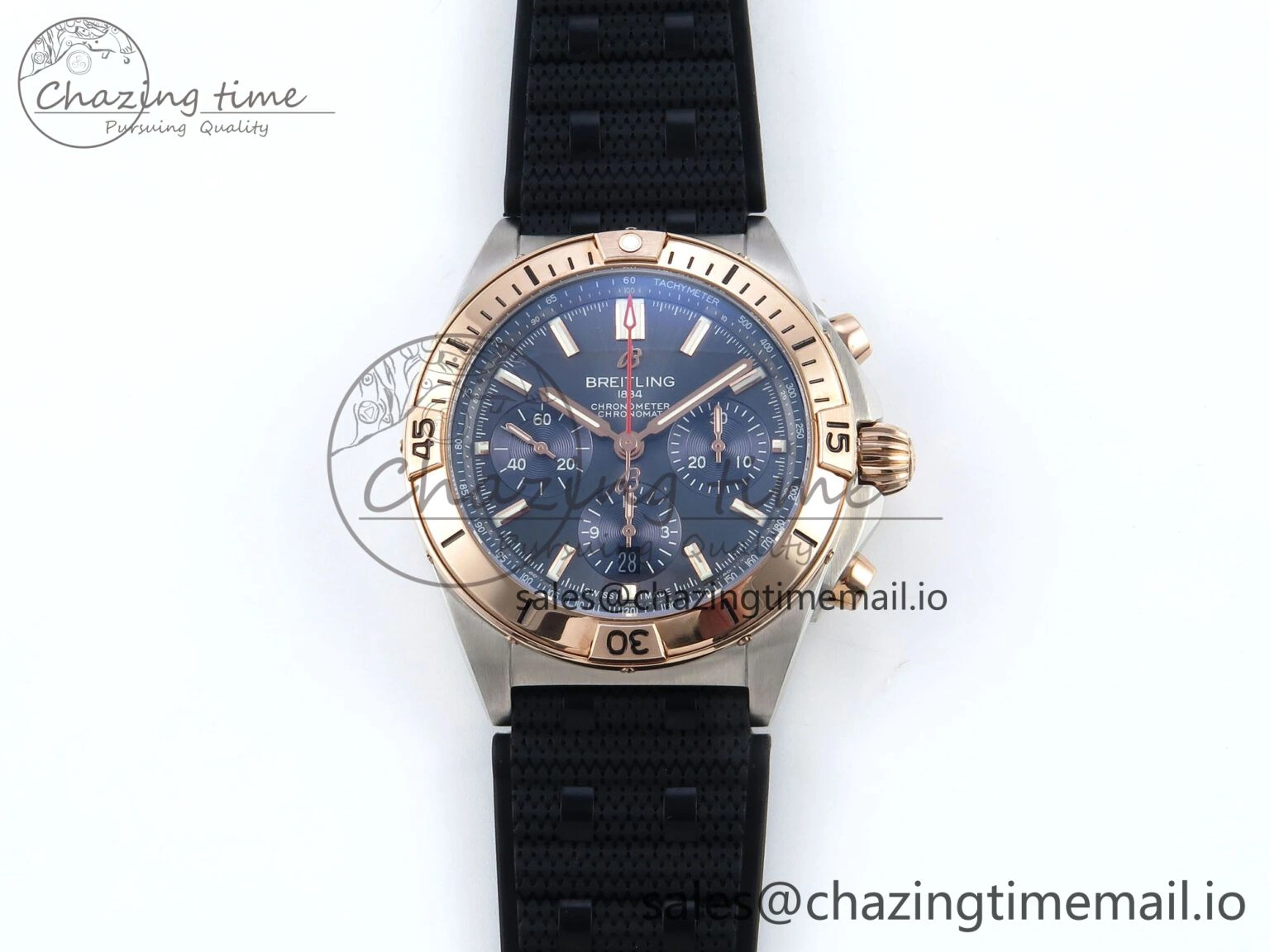 Chronomat B01 42mm SS RG TF 1:1 Best Edition Blue Dial on Black Rouleaux Strap A7750 V2