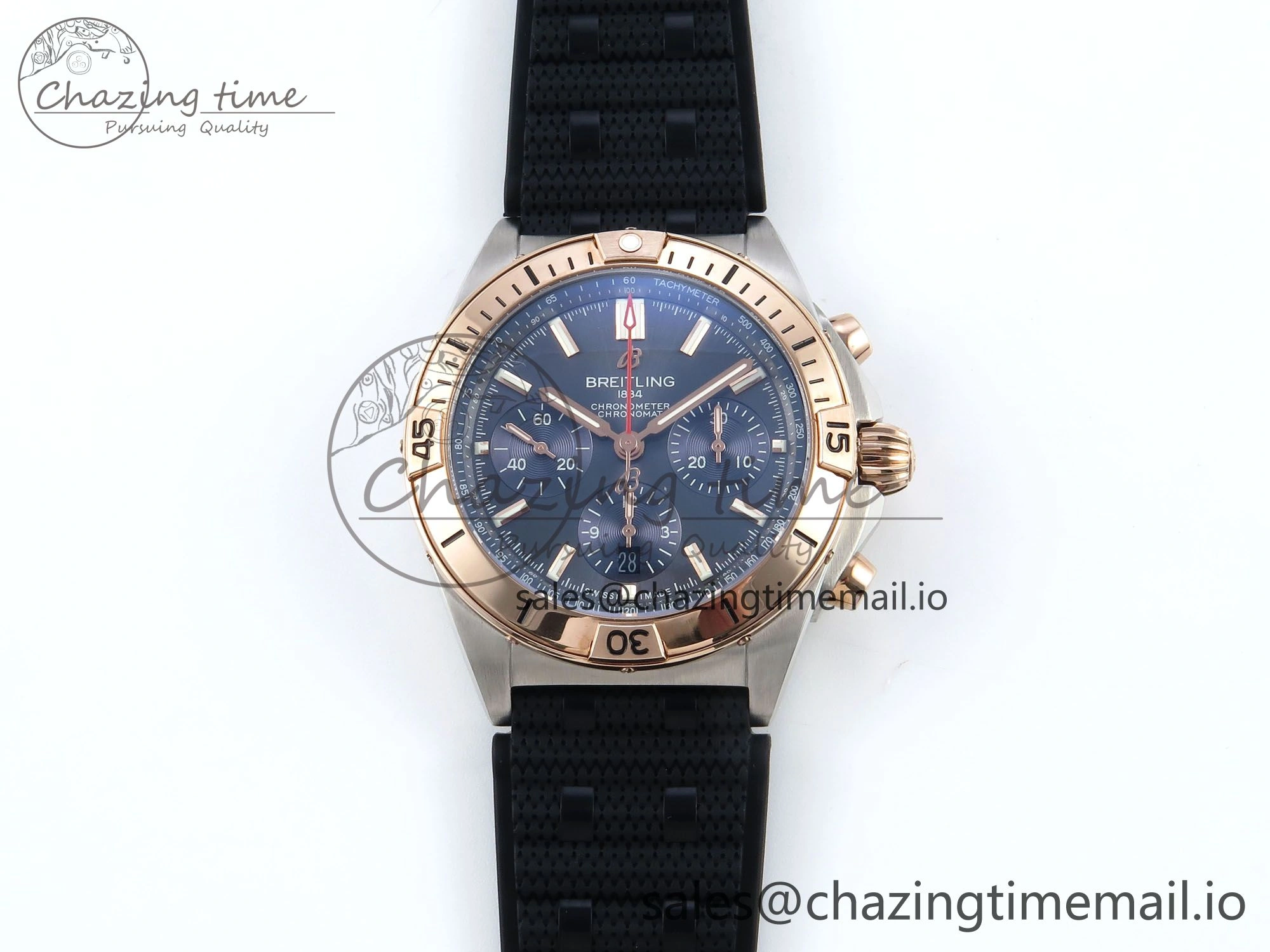 Chronomat B01 42mm SS RG TF 1:1 Best Edition Blue Dial on Black Rouleaux Strap A7750 V2