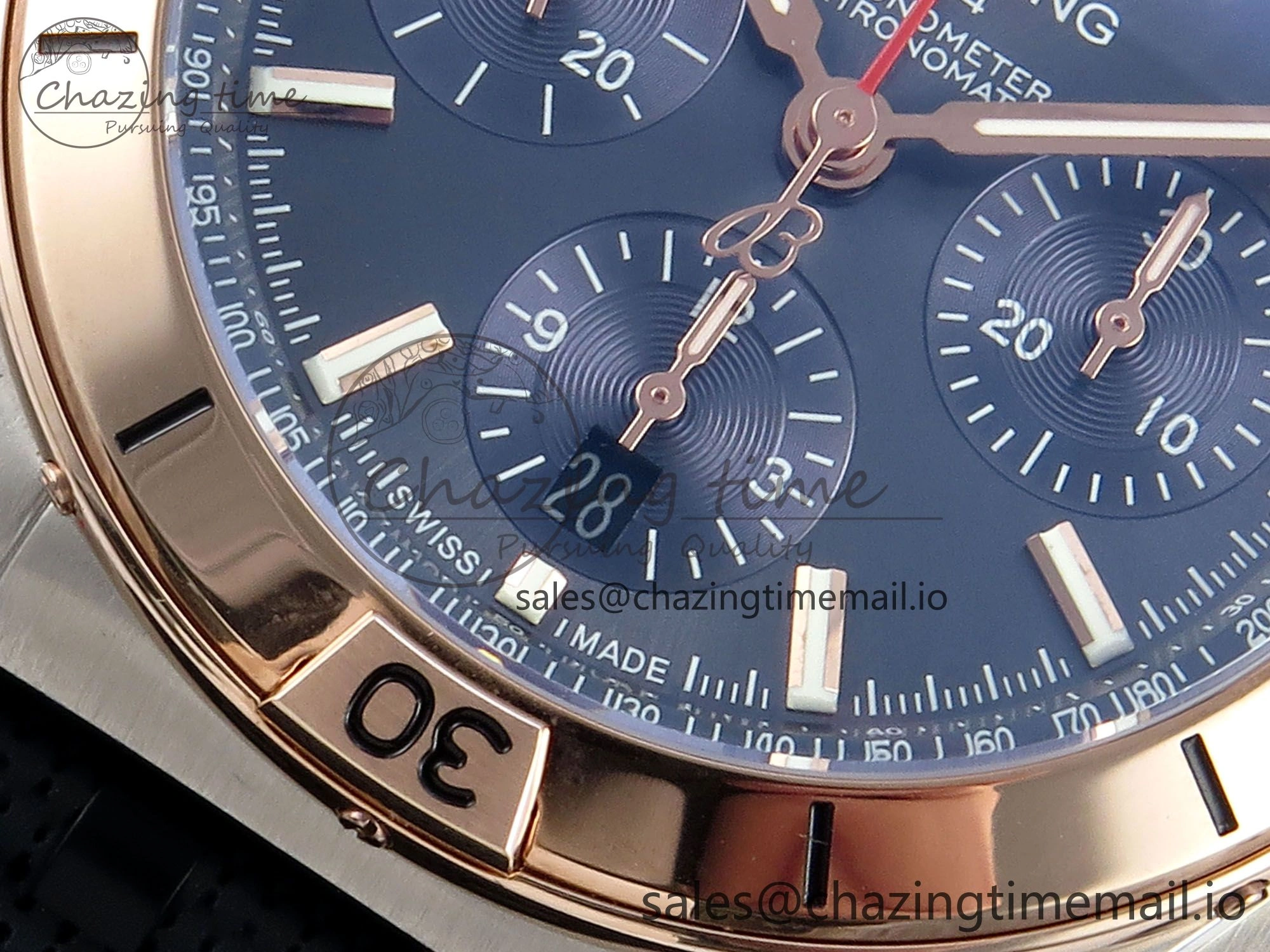 Chronomat B01 42mm SS RG TF 1:1 Best Edition Blue Dial on Black Rouleaux Strap A7750 V2