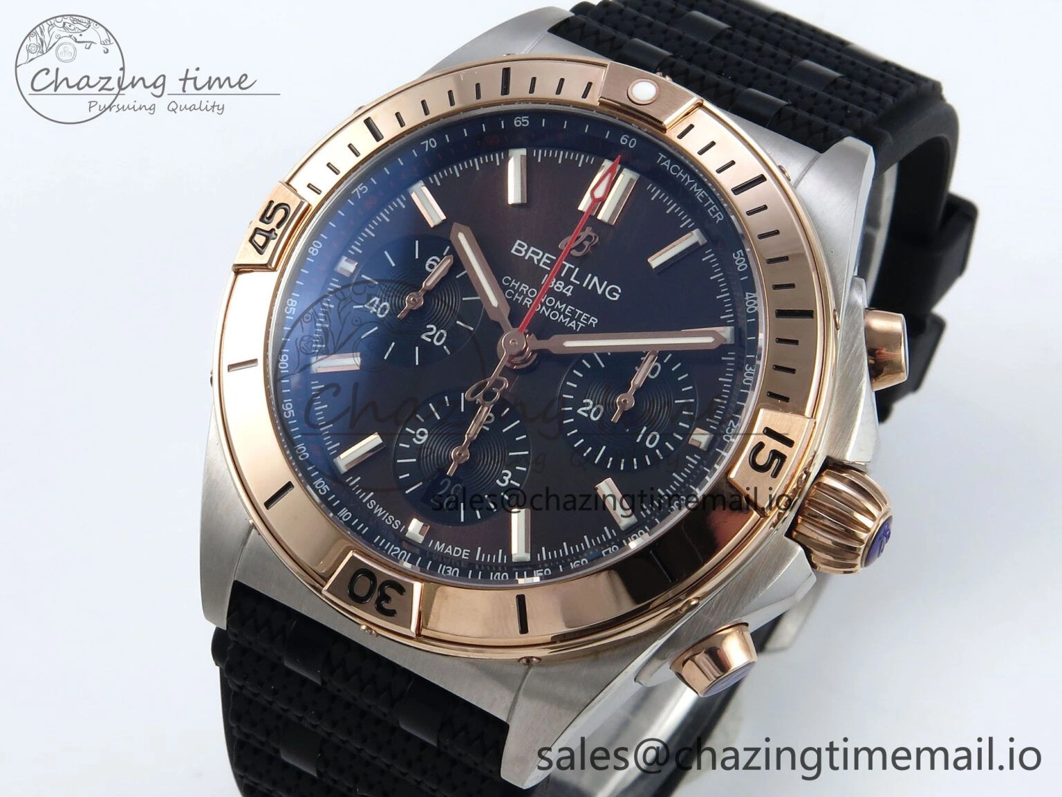 Chronomat B01 42mm SS RG TF 1:1 Best Edition Brown Dial on Black Rouleaux Strap A7750 V2