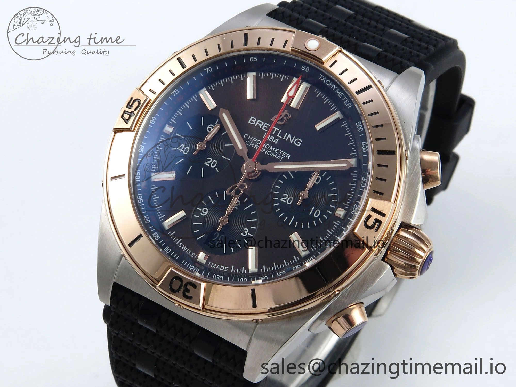 Chronomat B01 42mm SS RG TF 1:1 Best Edition Brown Dial on Black Rouleaux Strap A7750 V2