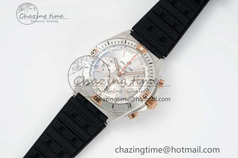 Chronomat B01 42mm SS RG TF 1:1 Best Edition Silver Dial on Black Rubber Strap A7750