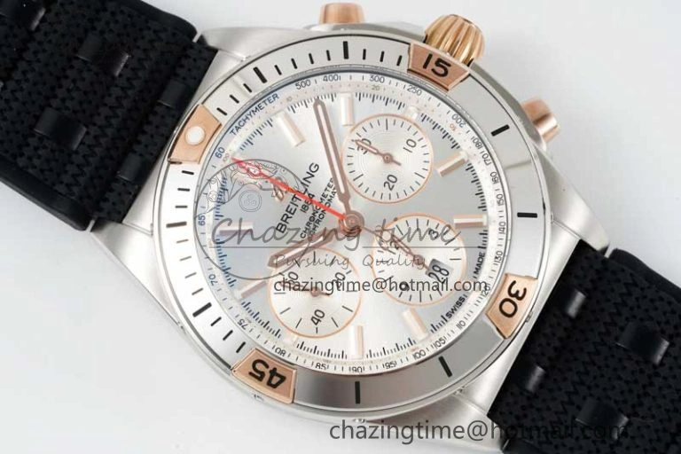 Chronomat B01 42mm SS RG TF 1:1 Best Edition Silver Dial on Black Rubber Strap A7750