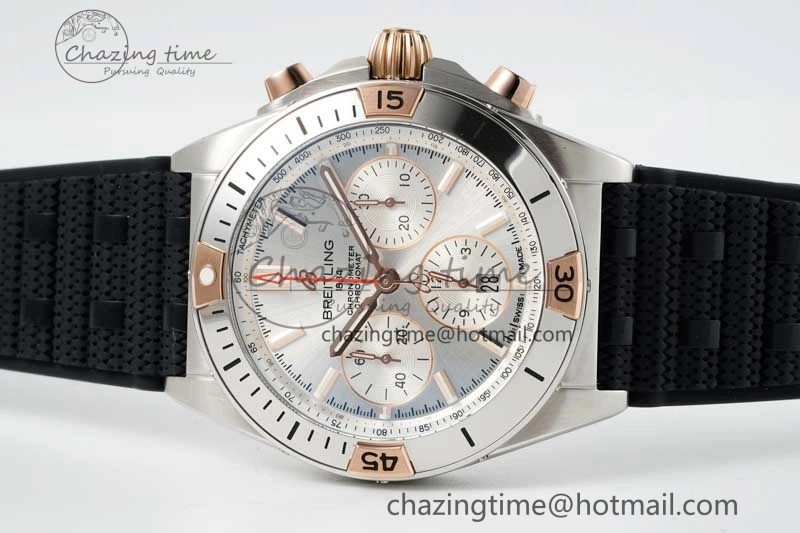 Chronomat B01 42mm SS RG TF 1:1 Best Edition Silver Dial on Black Rubber Strap A7750