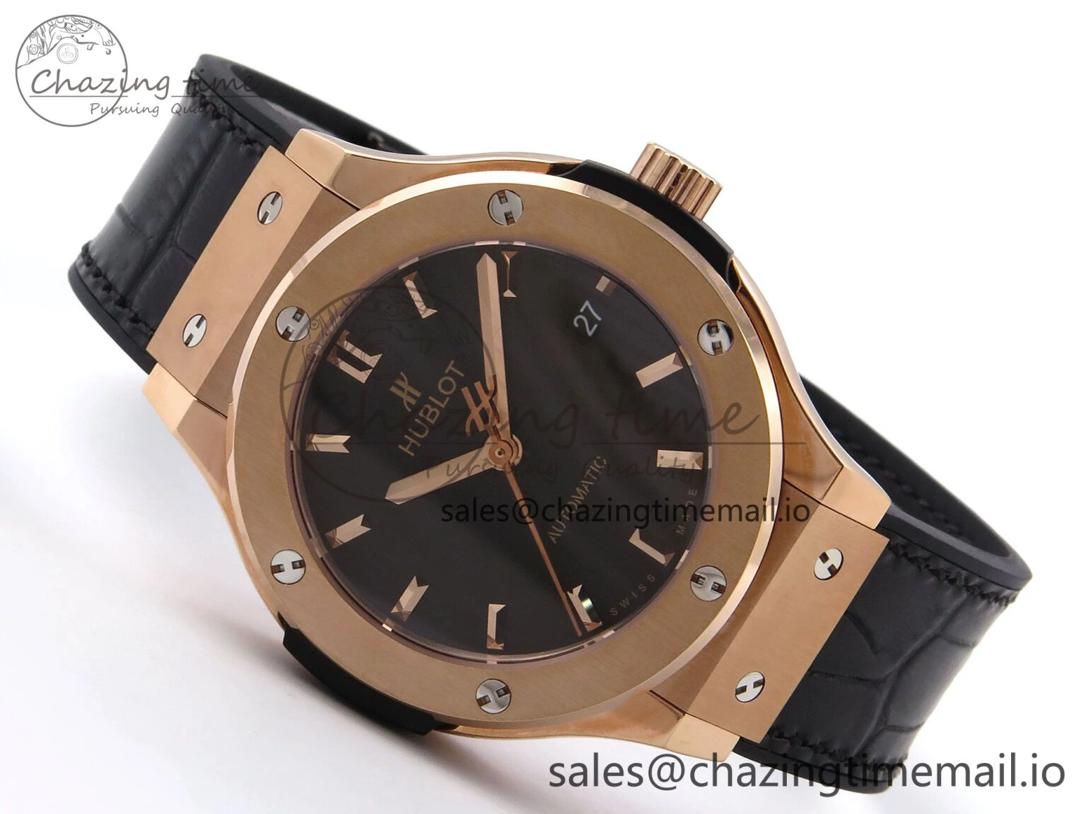 Classic Fusion 38mm RG JJF 1:1 Best Edition Black Dial on Black Gummy Leather Strap
