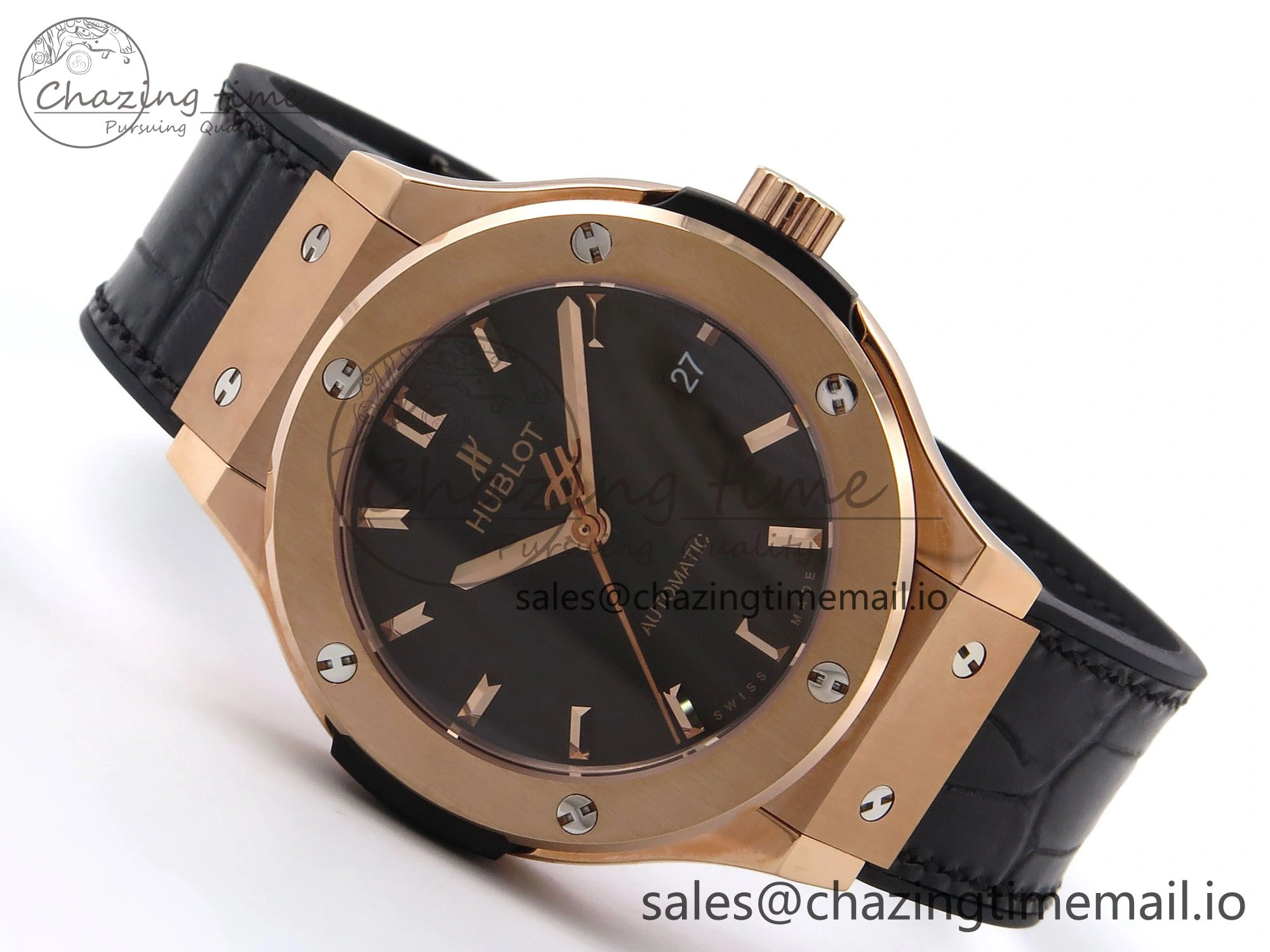 Classic Fusion 38mm RG JJF 1:1 Best Edition Black Dial on Black Gummy Leather Strap