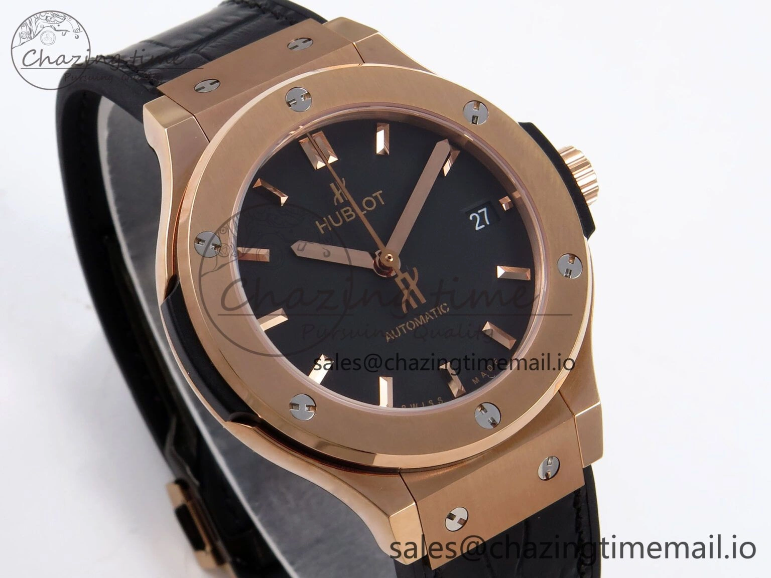 Classic Fusion 38mm RG JJF 1:1 Best Edition Black Dial on Black Gummy Leather Strap