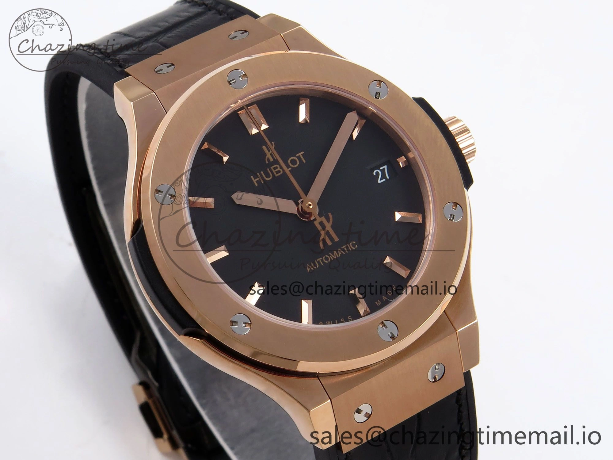 Classic Fusion 38mm RG JJF 1:1 Best Edition Black Dial on Black Gummy Leather Strap