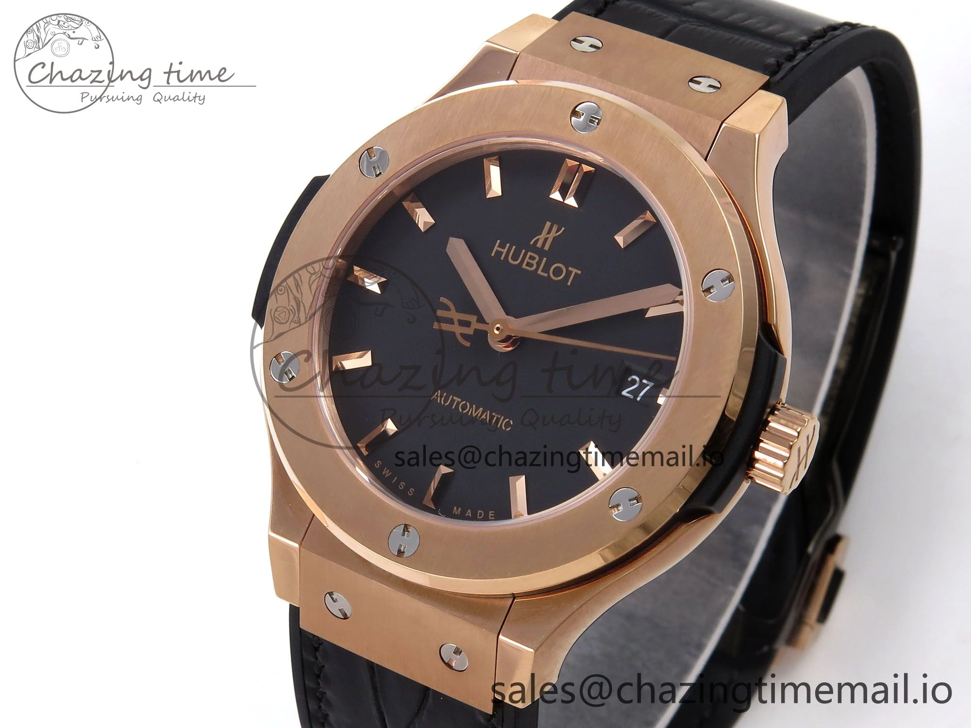 Classic Fusion 38mm RG JJF 1:1 Best Edition Black Dial on Black Gummy Leather Strap