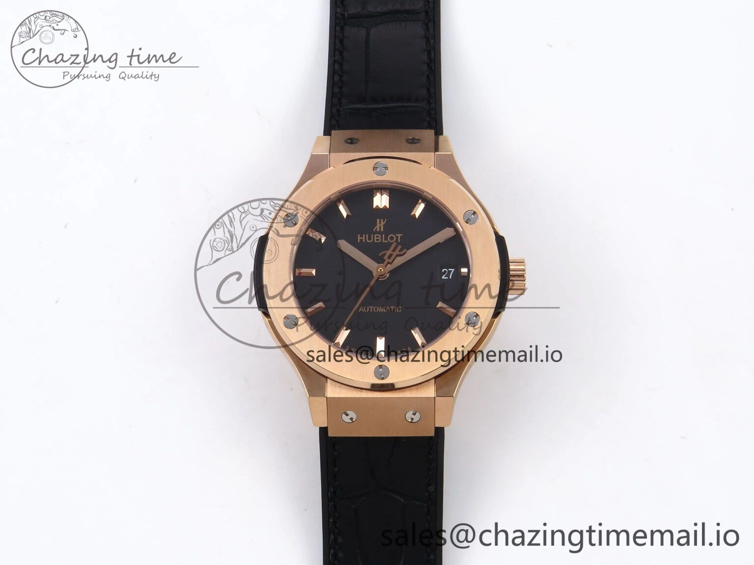 Classic Fusion 38mm RG JJF 1:1 Best Edition Black Dial on Black Gummy Leather Strap
