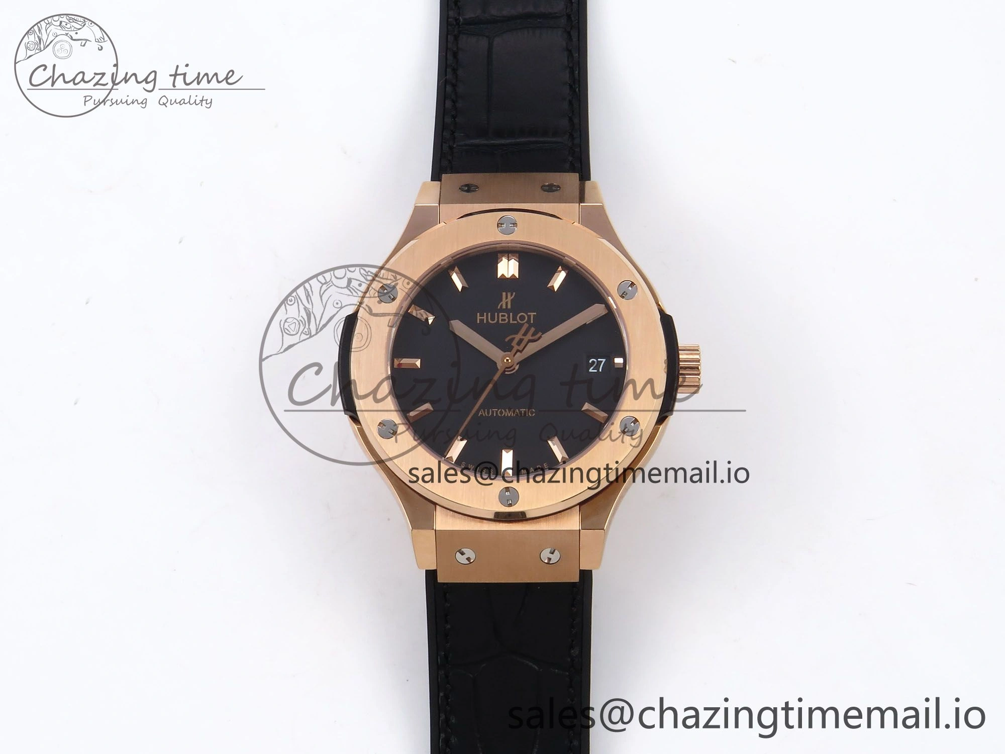 Classic Fusion 38mm RG JJF 1:1 Best Edition Black Dial on Black Gummy Leather Strap