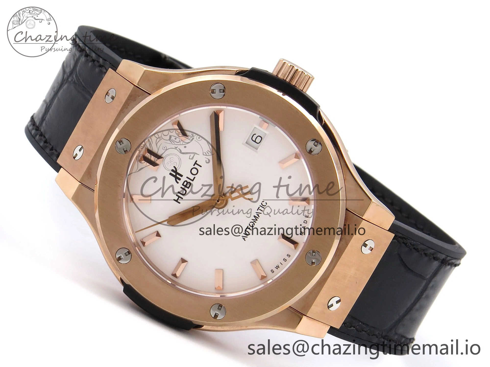Classic Fusion 38mm RG JJF 1:1 Best Edition White Dial on Black Gummy Leather Strap